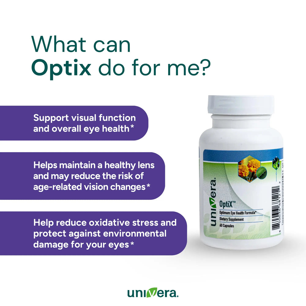 Univera Optix supplement bottle with text on a white background
