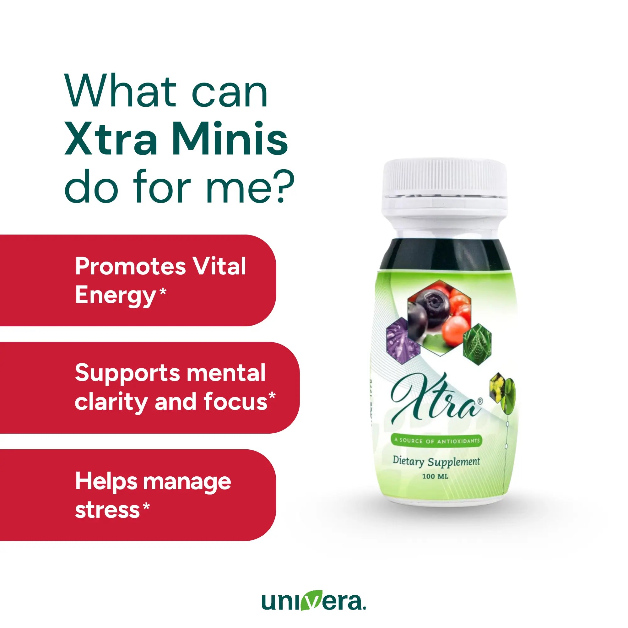 Supplement bottle labeled 'Xtra' with promotional text on a white background