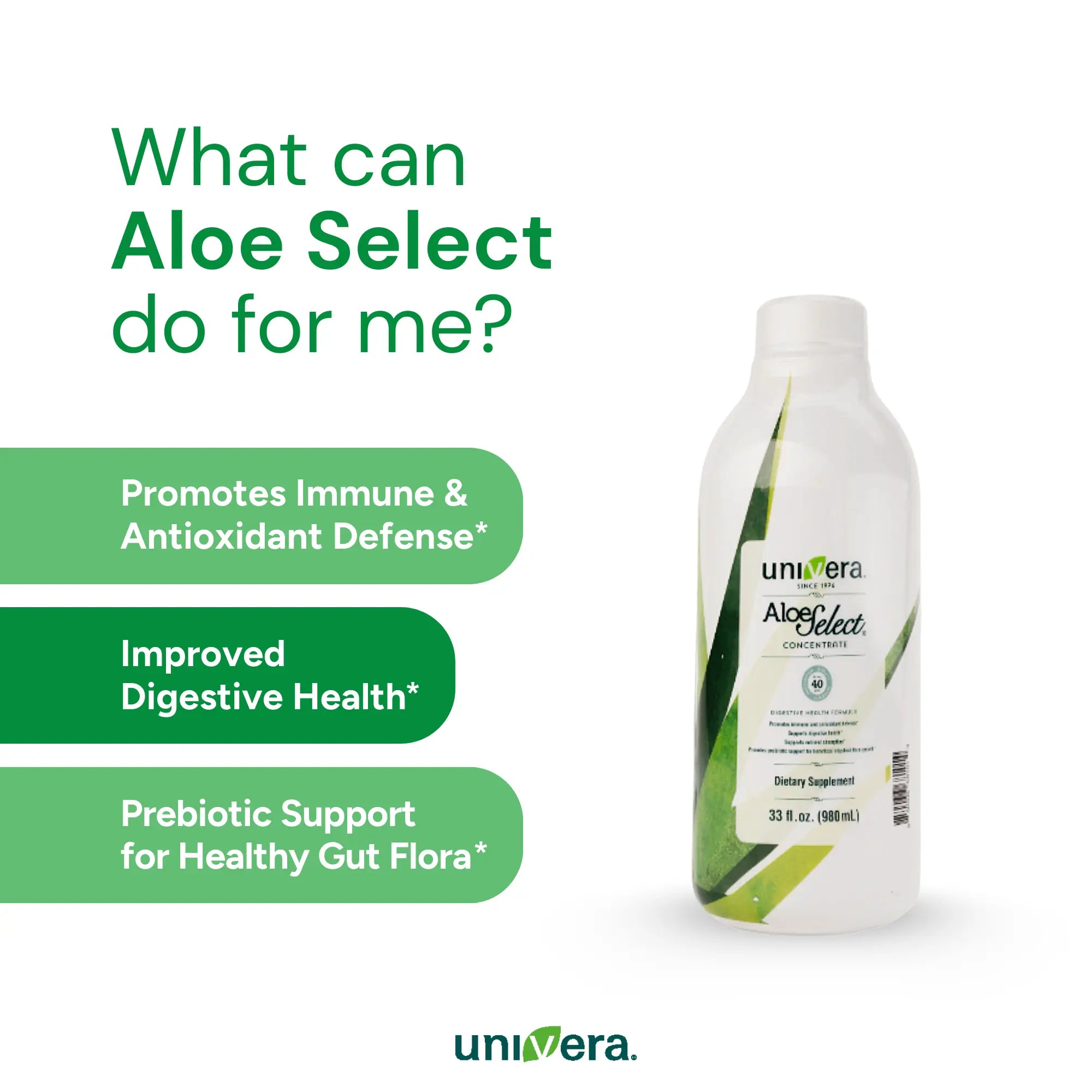 Univera Aloe Select bottle with promotional text on a white background
