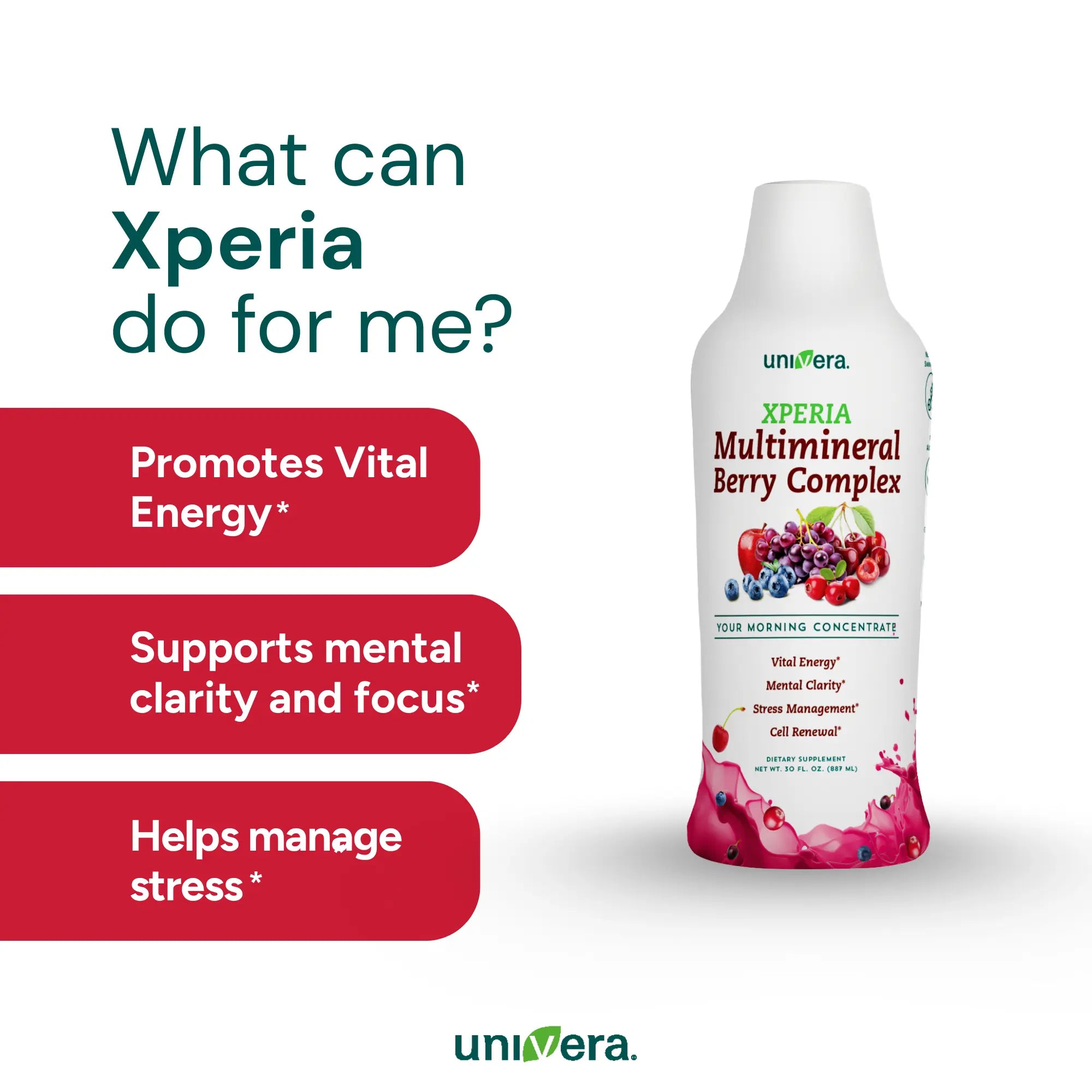 Univera Xperia Multimineral Berry Complex bottle with benefit text on a white background