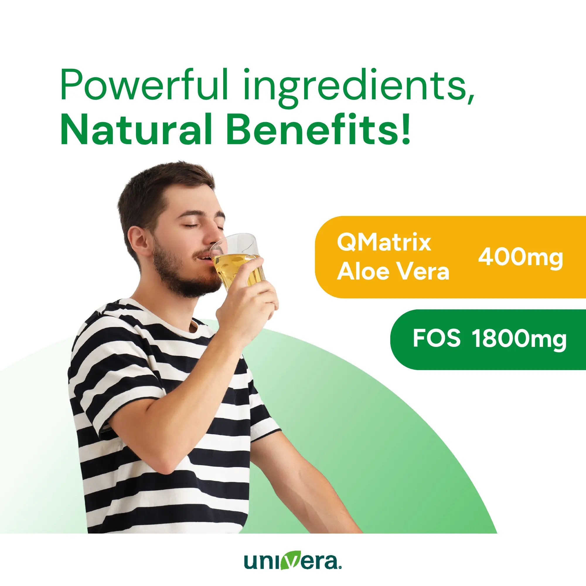 Man drinking aloe vera juice with QMatrix Aloe Vera and FOS 1800mg text on a green and white background.