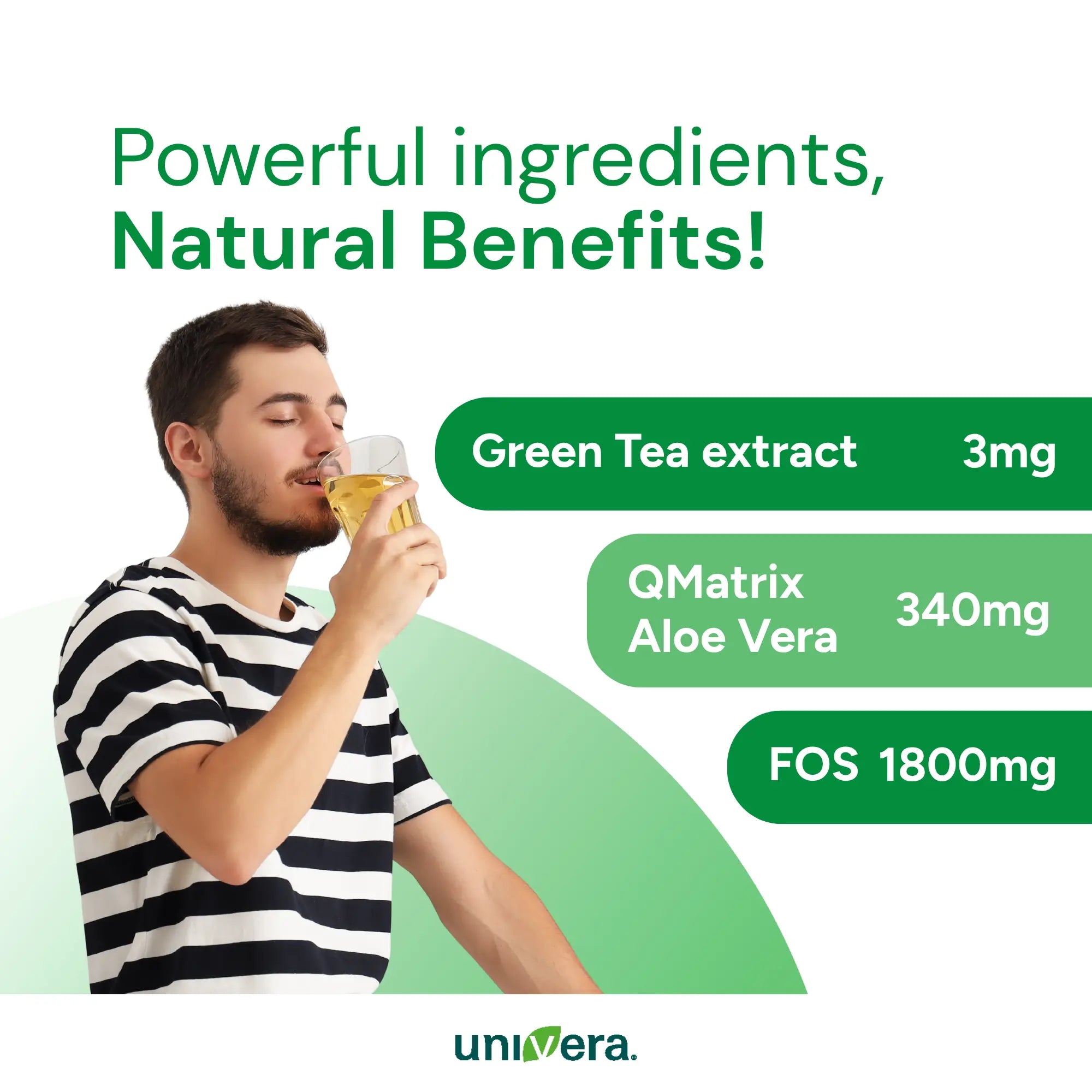 Man drinking a aloe vera beverage with product ingredients listed on a white background