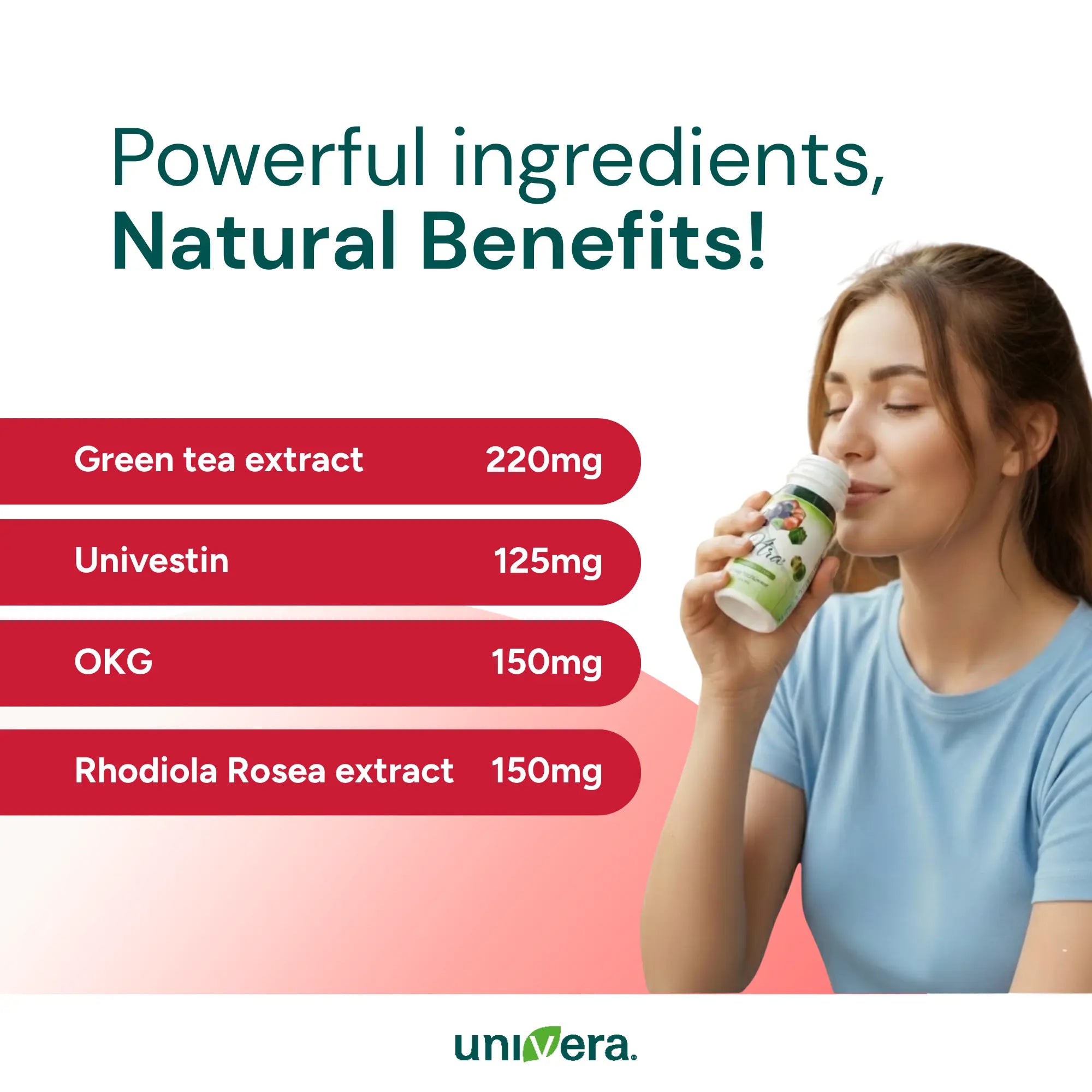 Woman holding a supplement bottle with ingredients and benefits listed on a white background