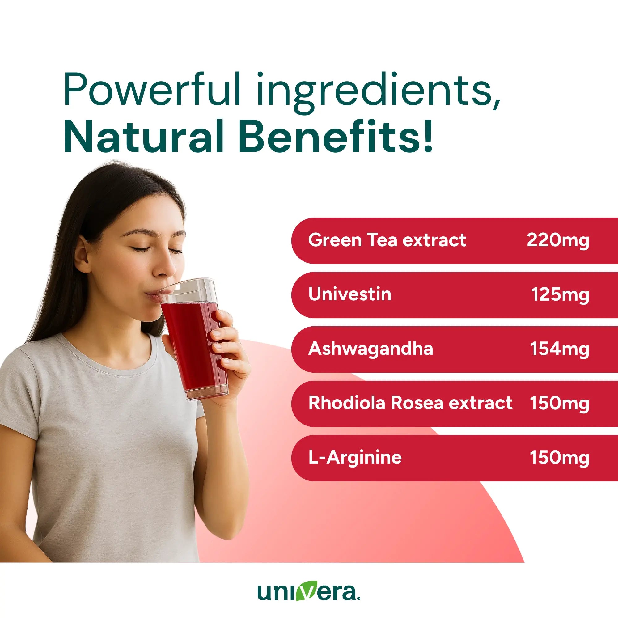 Woman drinking a red beverage with ingredients listed on a white background