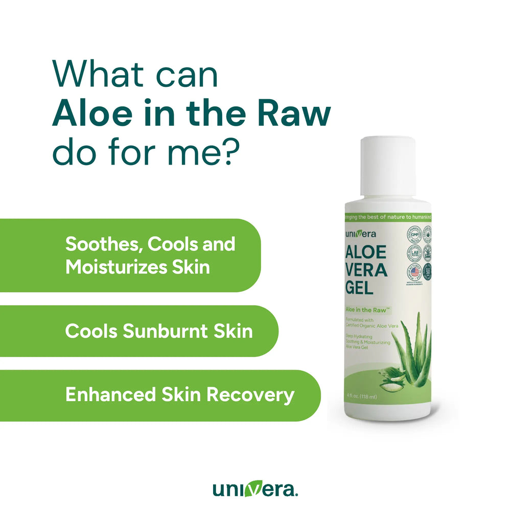 Aloe vera gel bottle with benefits listed on a white background