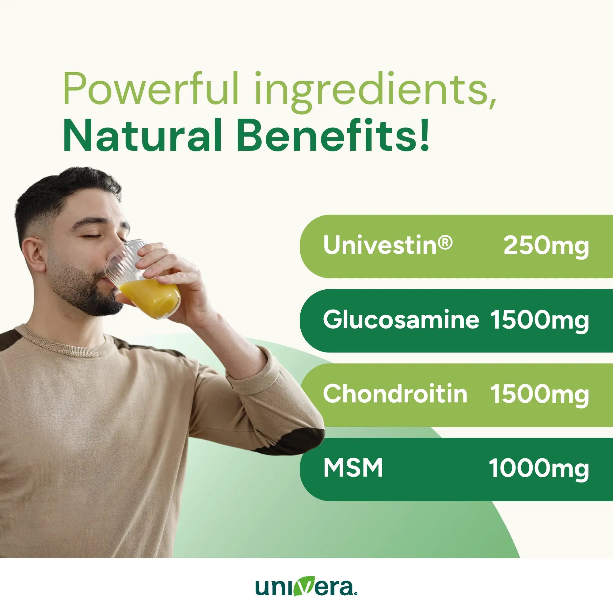 Man drinking a supplement with listed ingredients and Univera branding