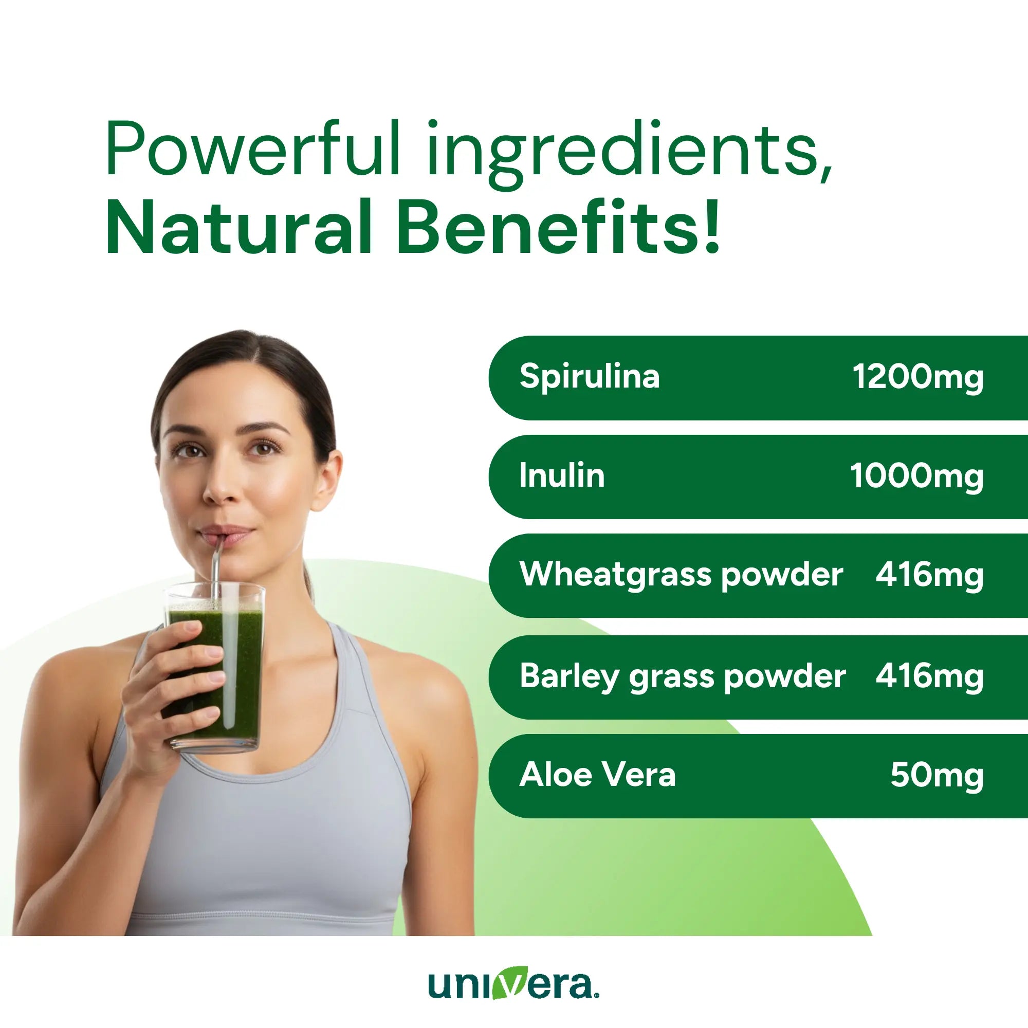 Woman holding a green smoothie with health benefits listed on a white background