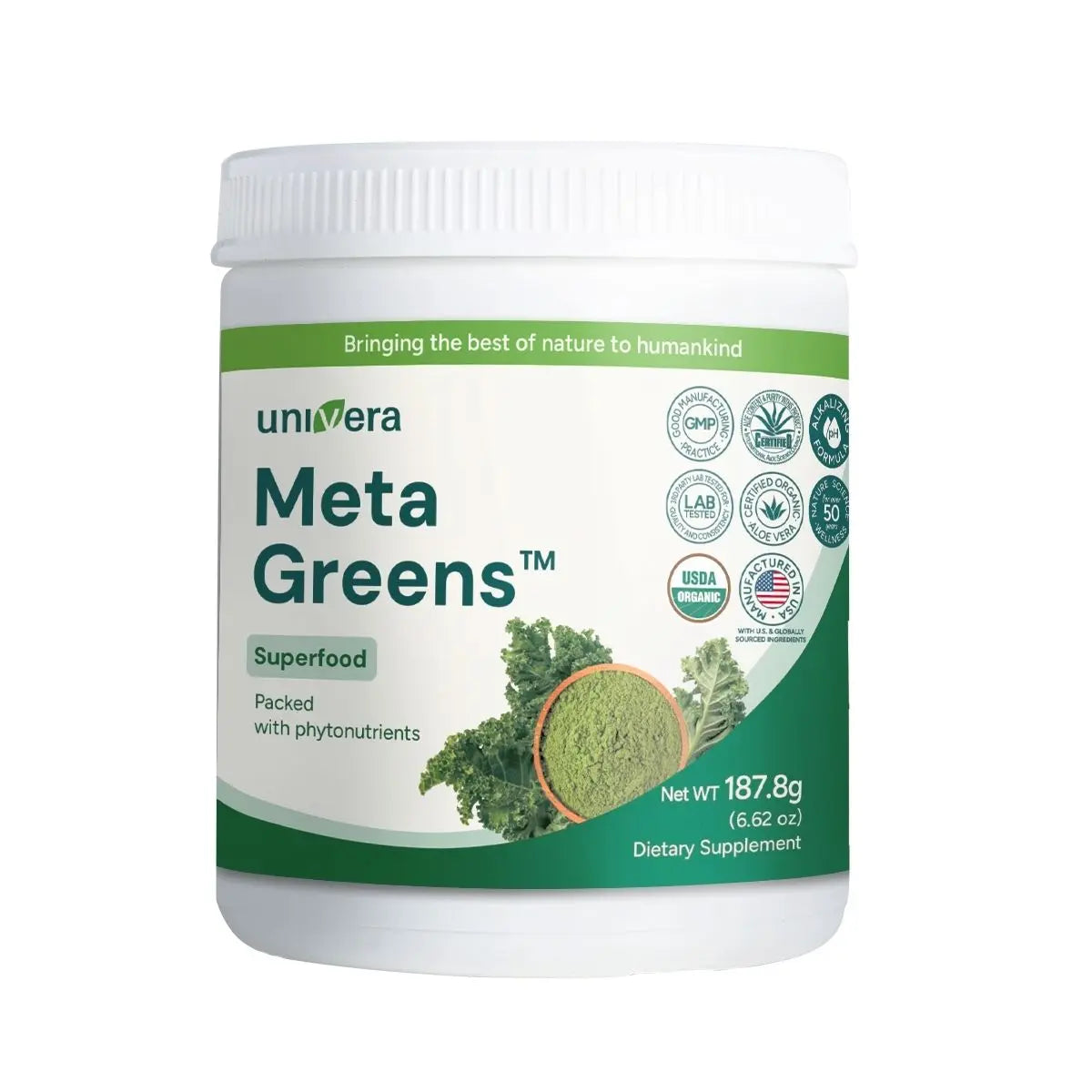 UniVera Meta Greens dietary supplement container on a white background