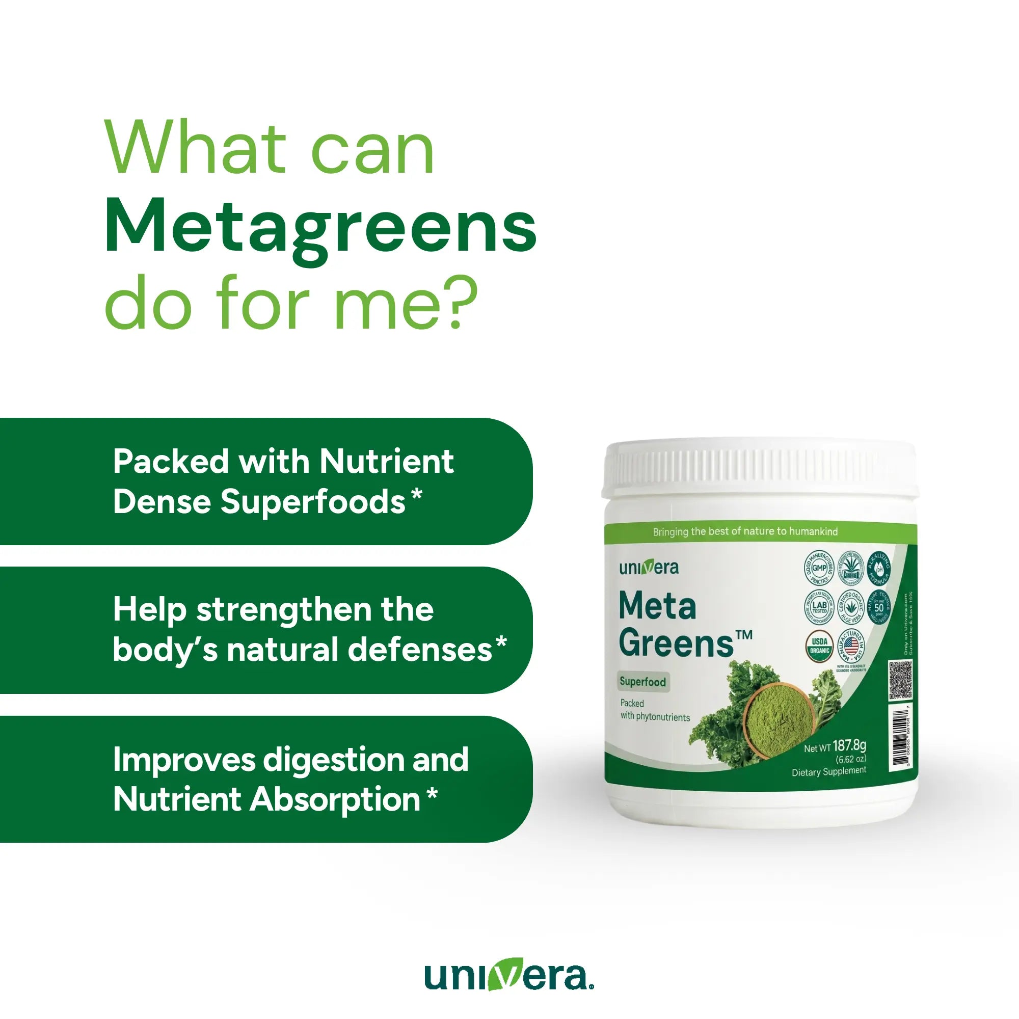 Univera Meta Greens supplement container with benefits listed on a white background