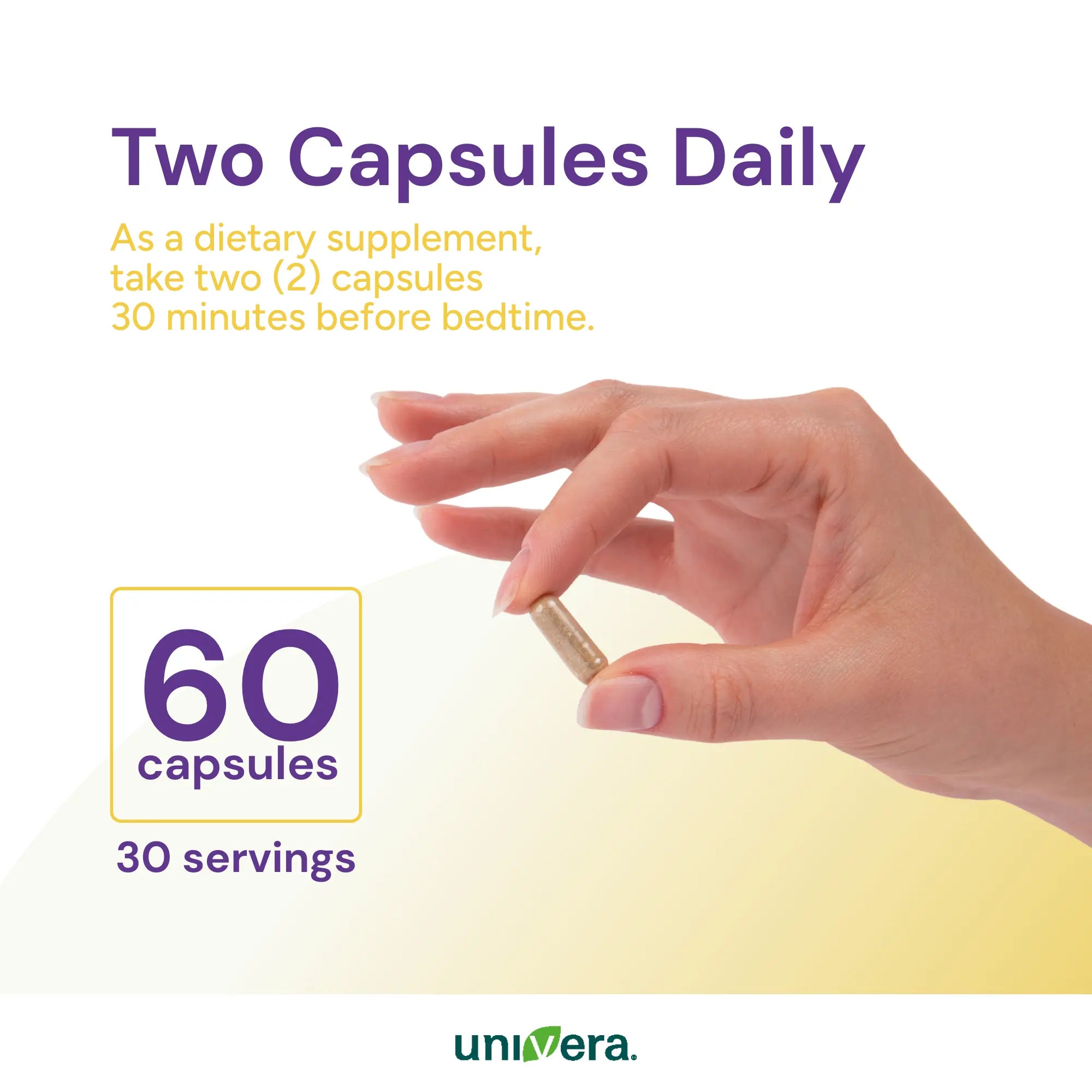 Hand holding a capsule with dietary supplement information on a white background