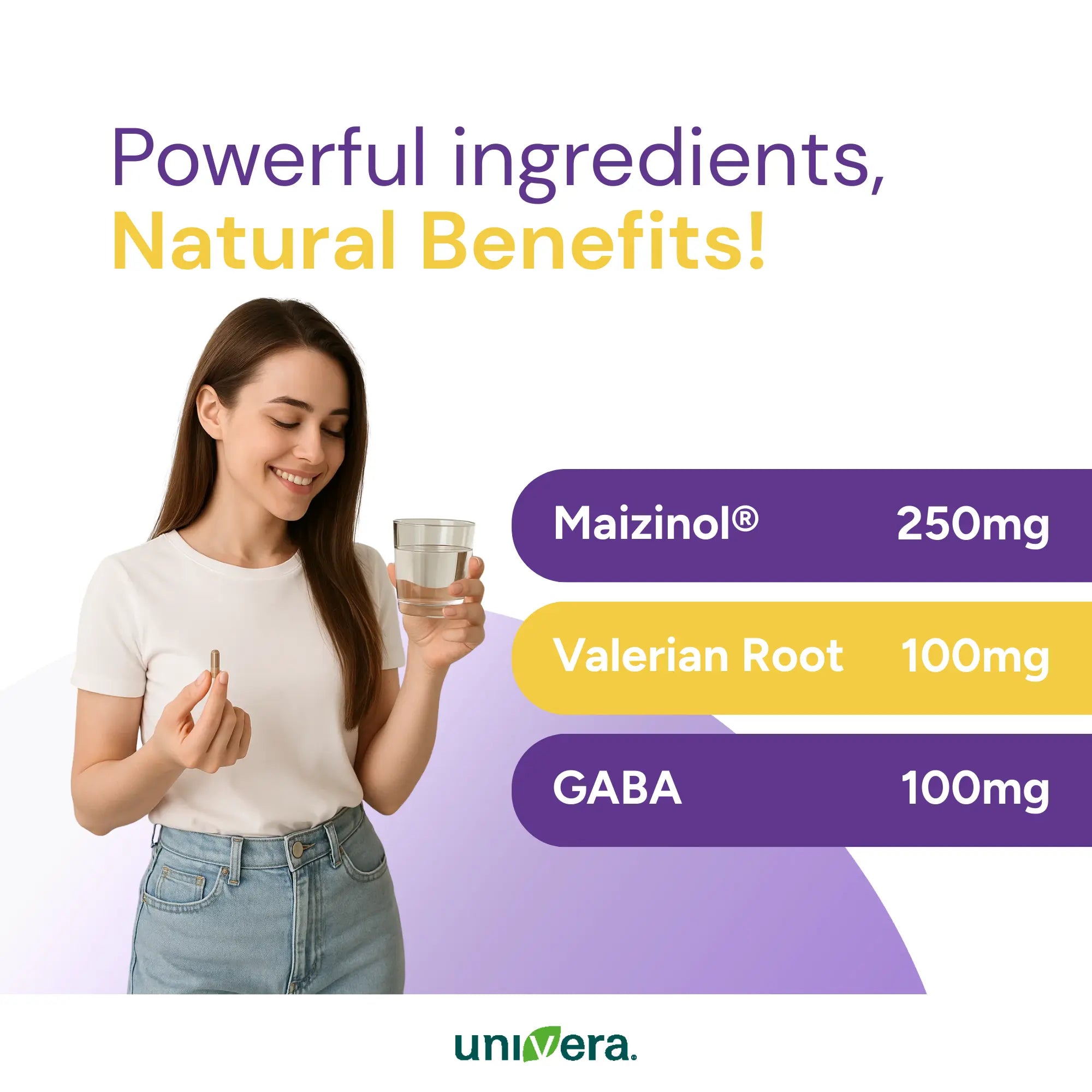 Woman holding a supplement container with ingredients and benefits displayed on a white background