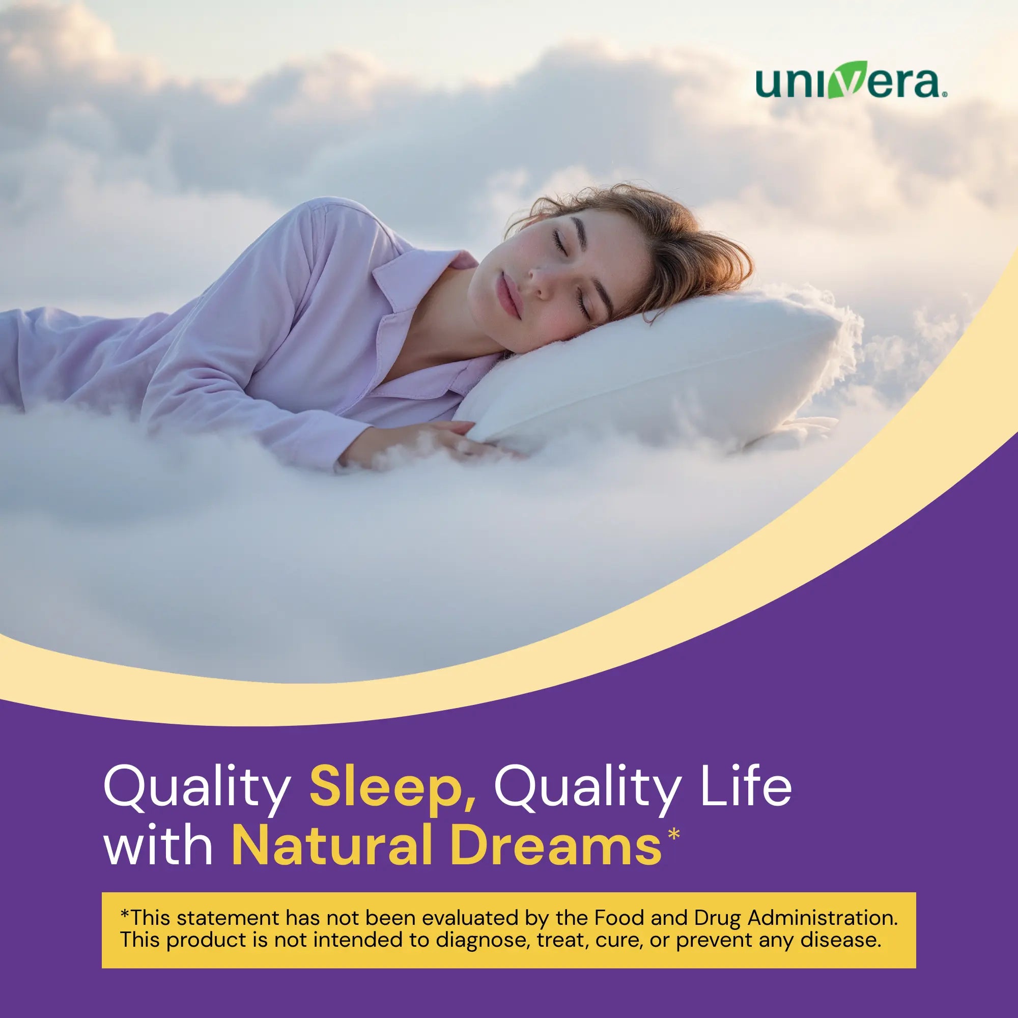 Person lying on a cloud with 'univera' branding and promotional text about sleep quality.
