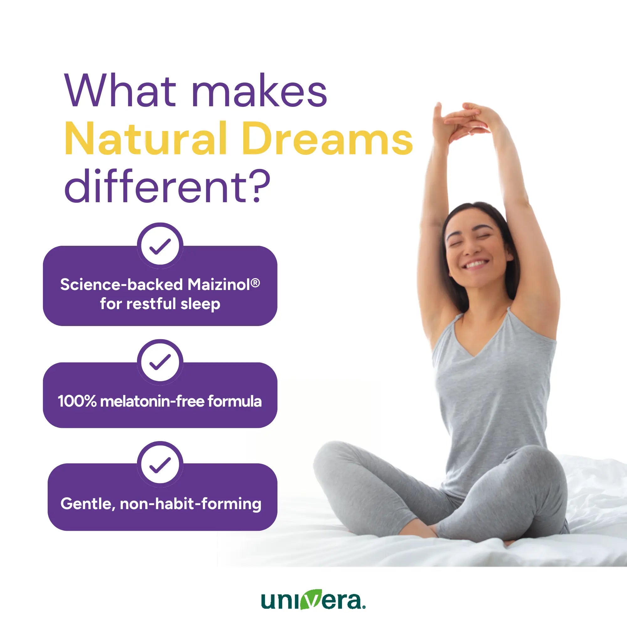 Woman sitting on a bed with text about Natural Dreams selling points