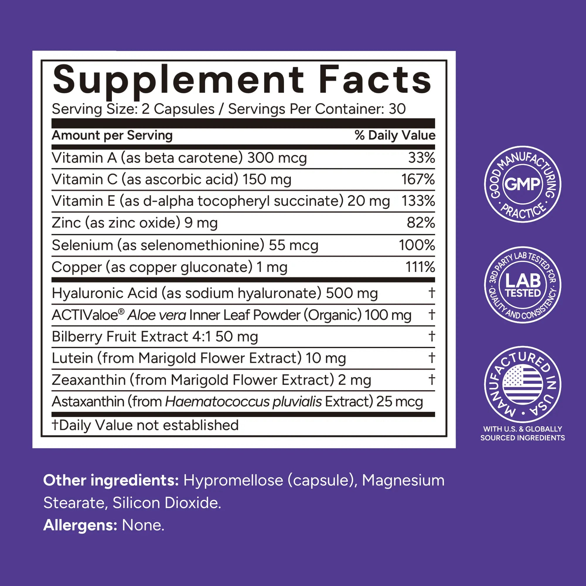 Supplement facts label with various vitamins and minerals on a purple background