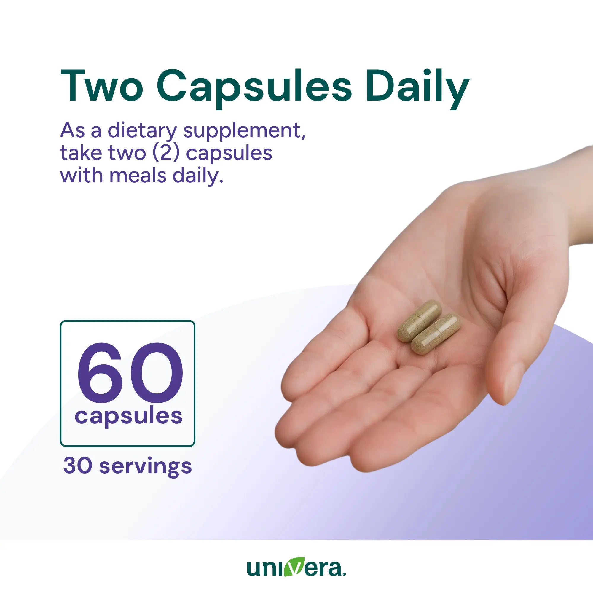 Hand holding two capsules with supplement information on a white background