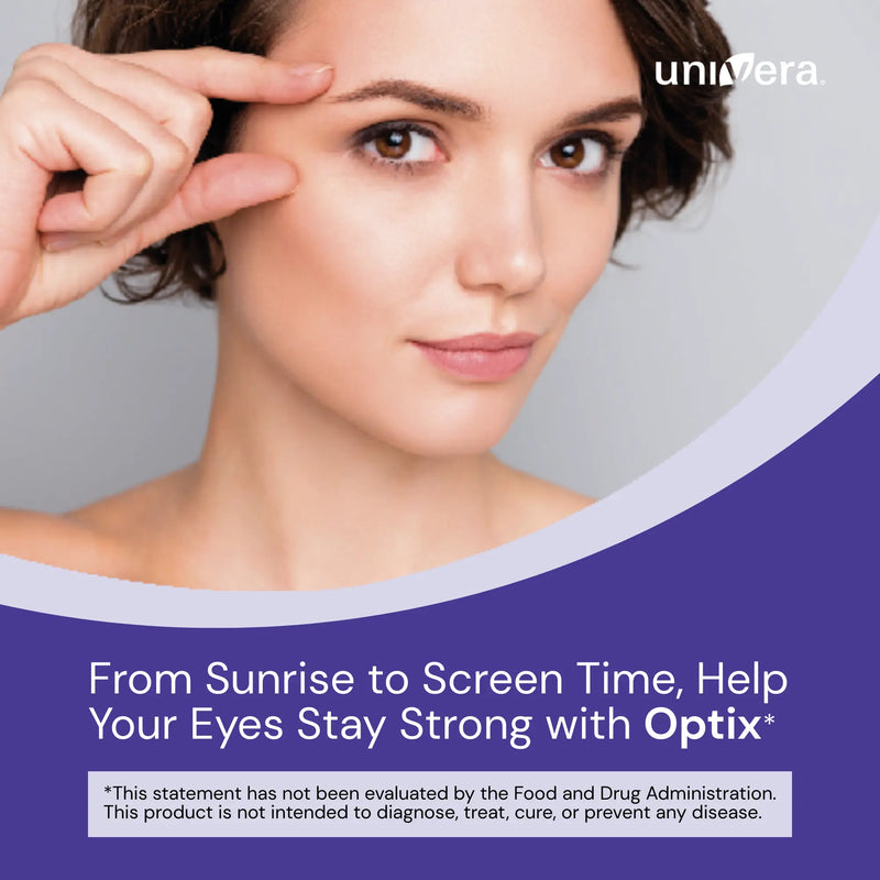 Woman touching her eye with text about Univera Optix products on a gray background