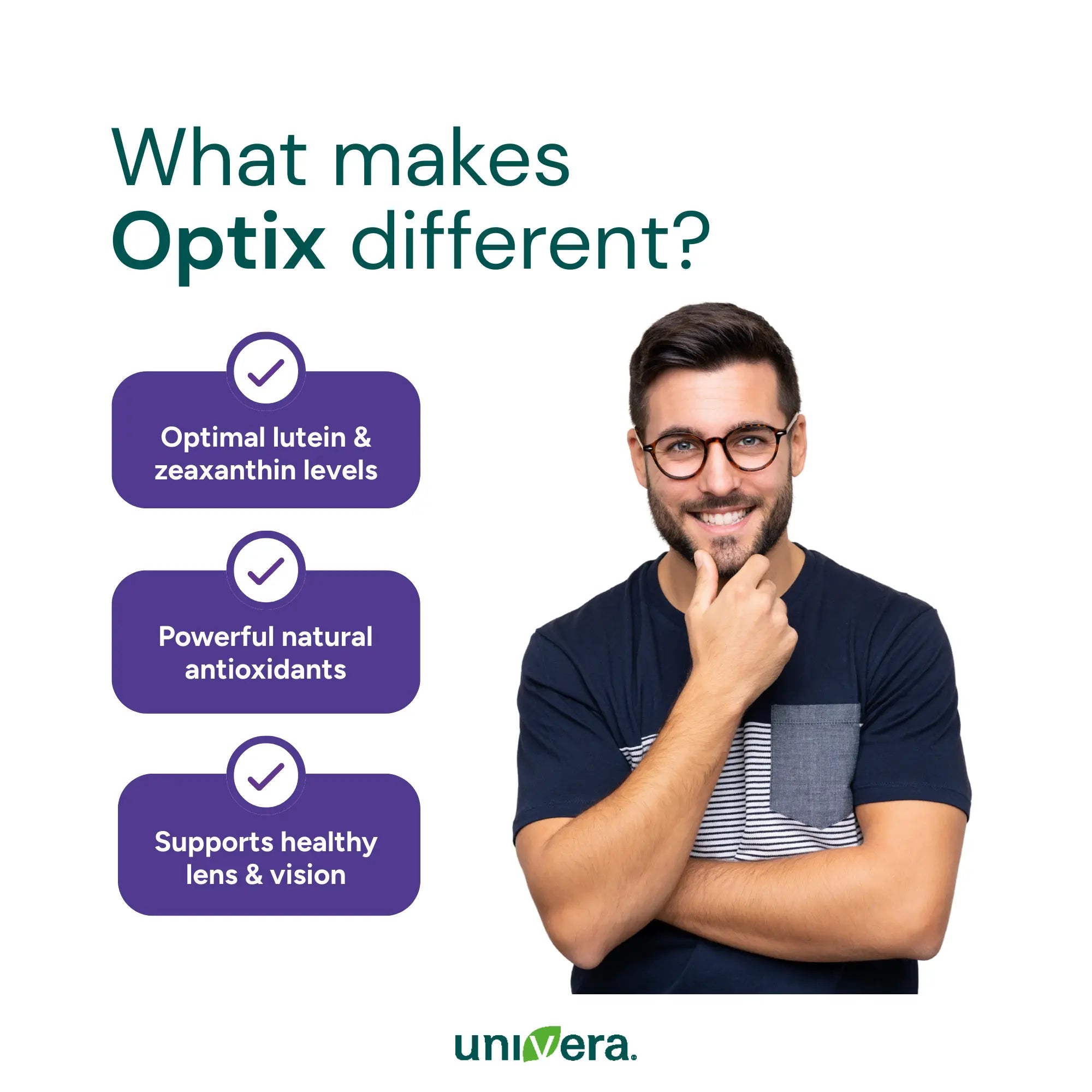 Man wearing glasses with text and icons about Optix differences on a white background