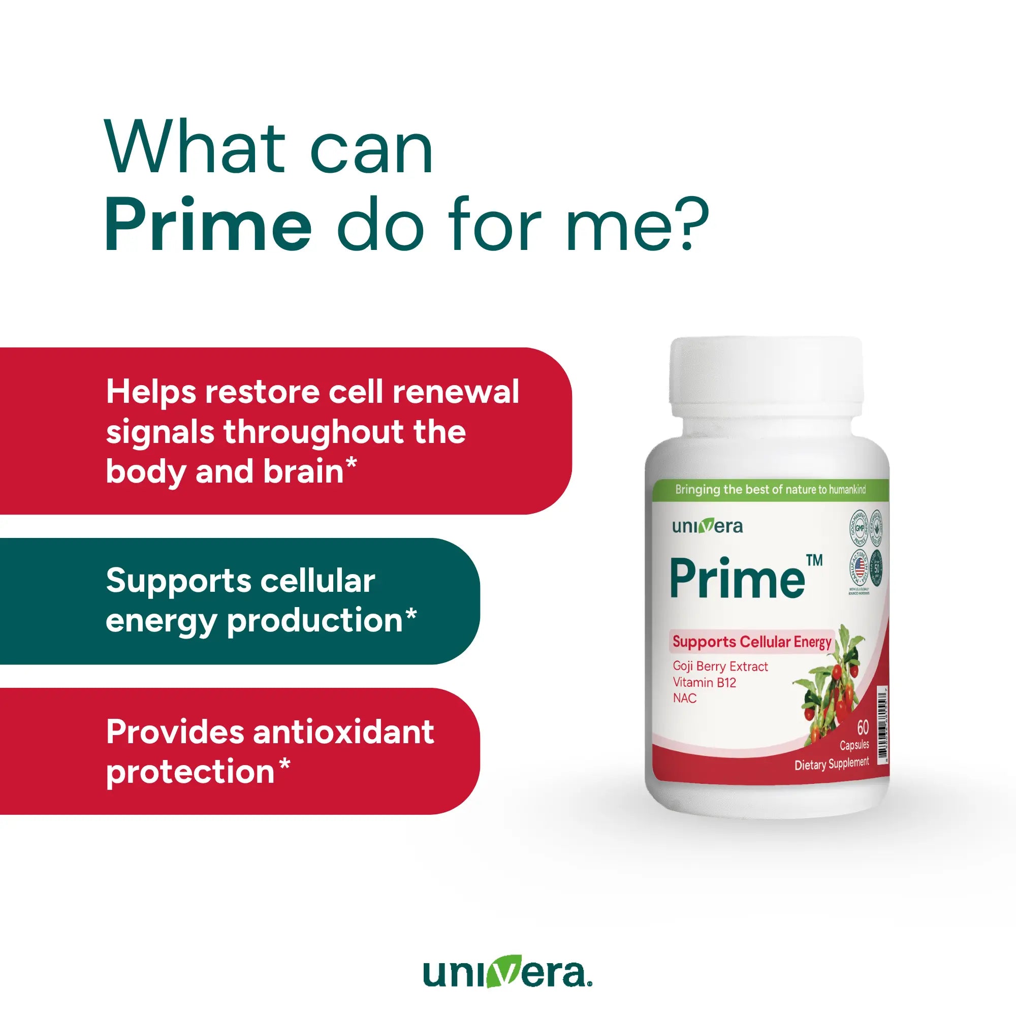 Univera Prime supplement bottle with benefits listed on a white background