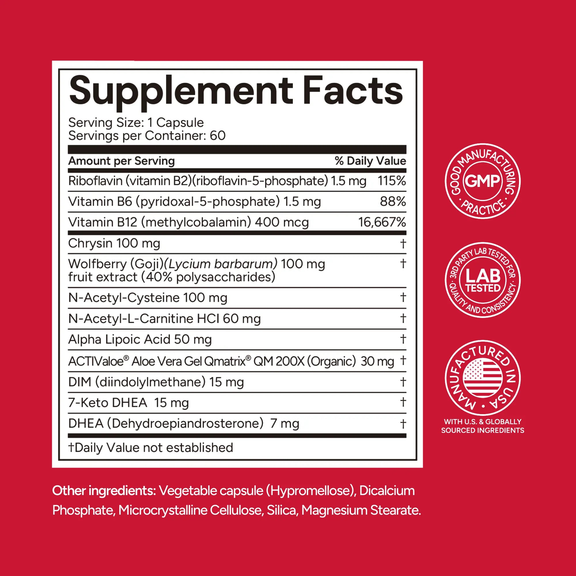 Supplement facts label with various vitamins and minerals on a red background