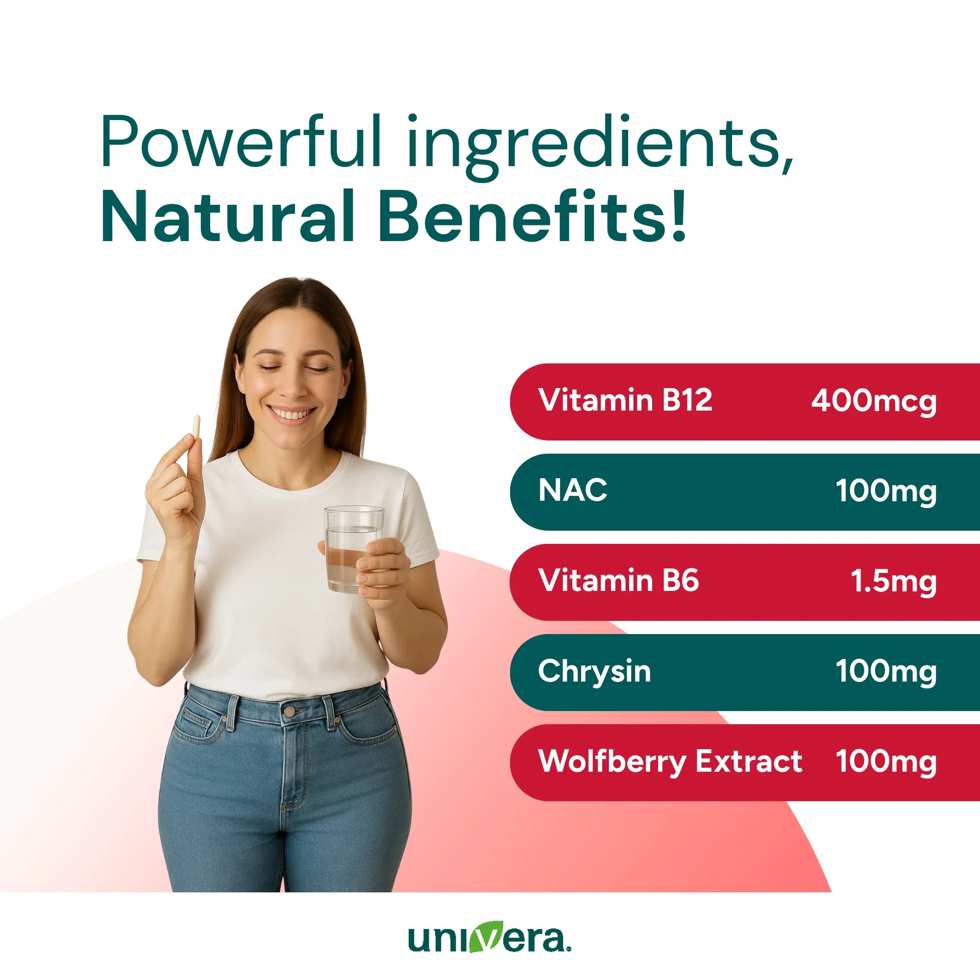 Woman holding a glass of water with health benefits listed on a white background