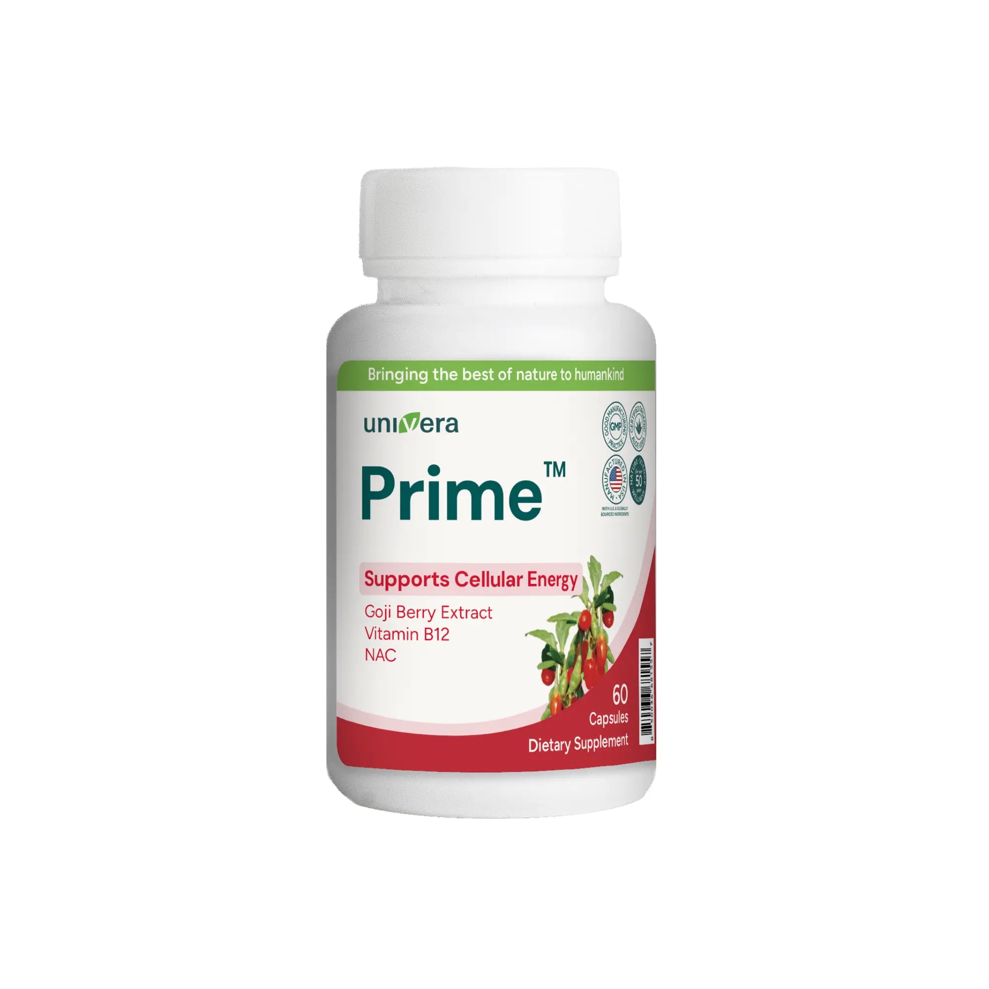 Supplement bottle labeled 'Prime' by Univera on a white background