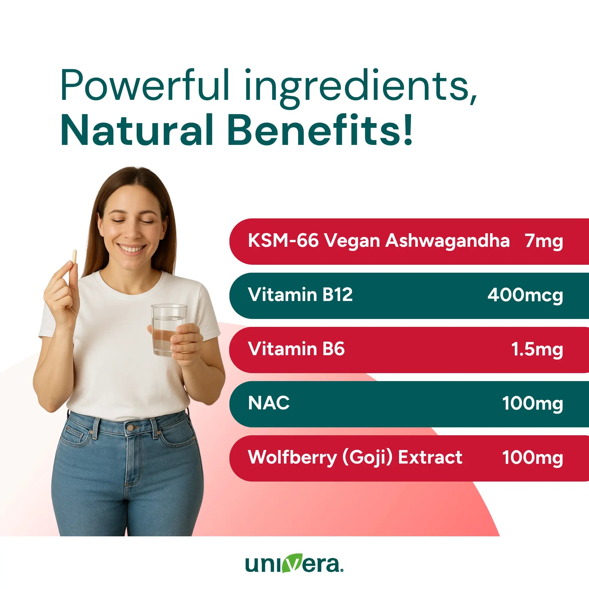 Woman holding a glass of water with health benefits listed on a white background