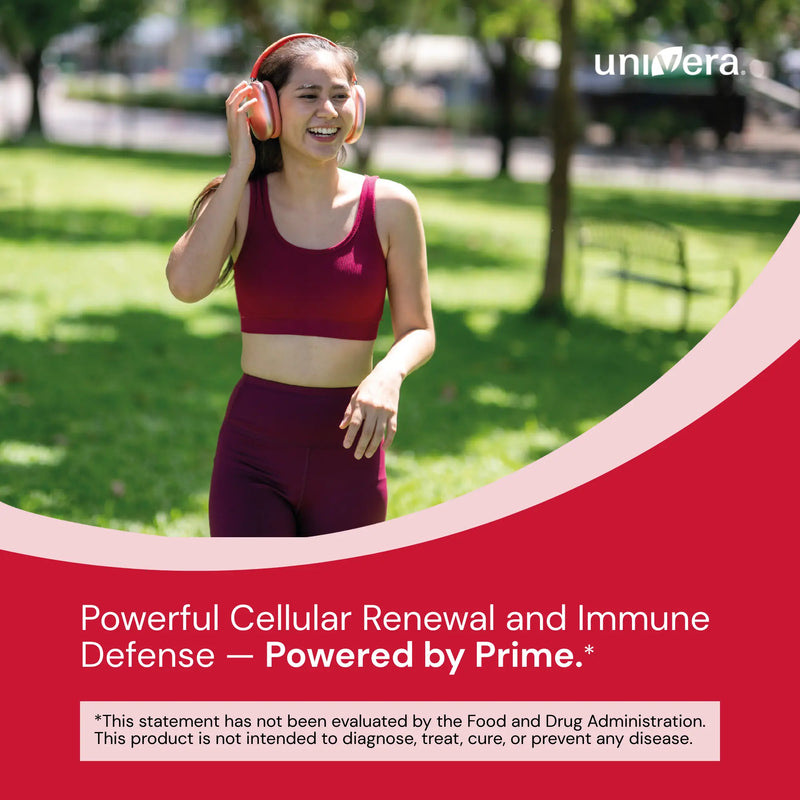 Woman exercising outdoors with headphones, promoting a product with text about cellular renewal and immune defense.
