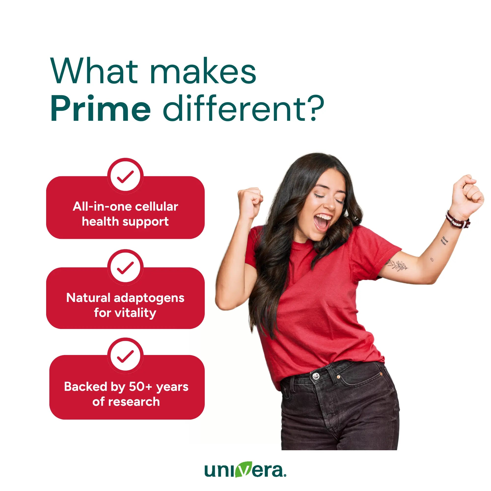 Woman in red shirt with text about Prime's features and univera branding