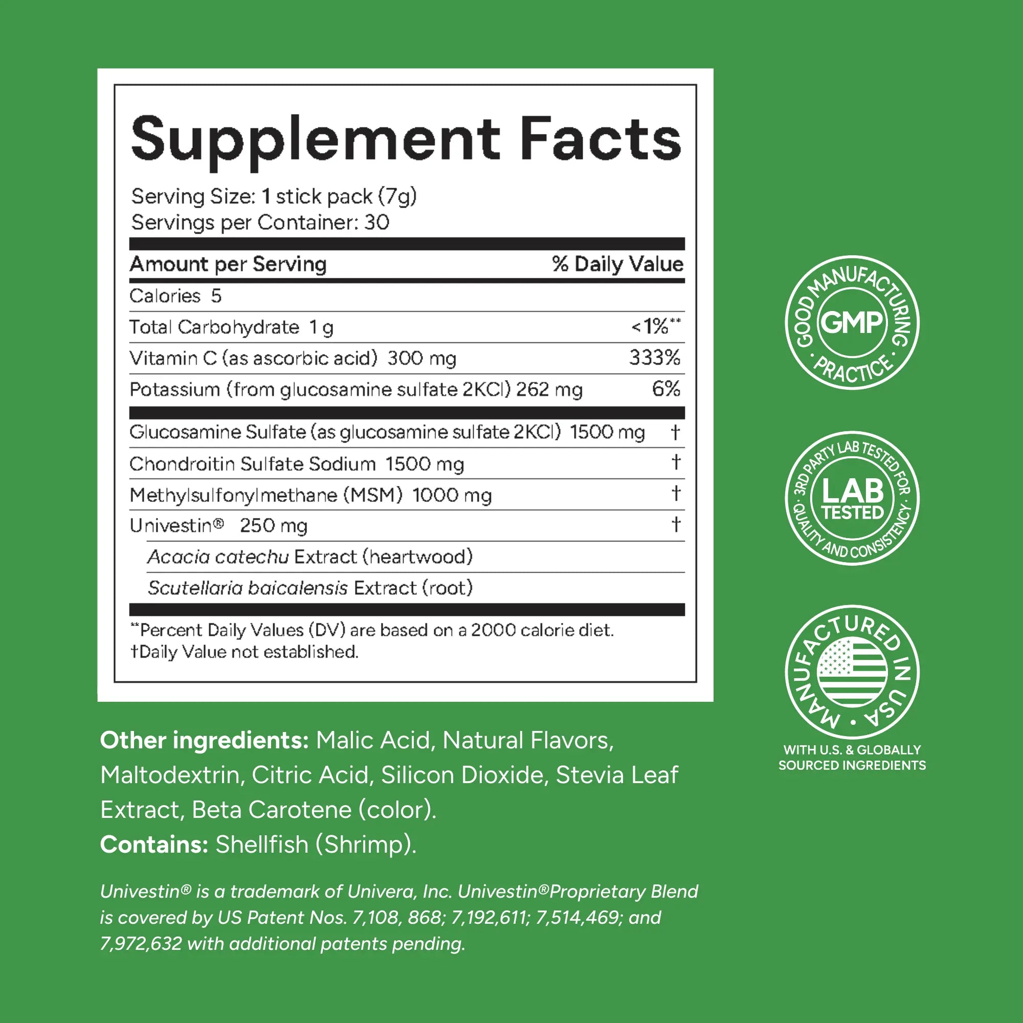 Supplement facts label for joint health with green background and certification logos.