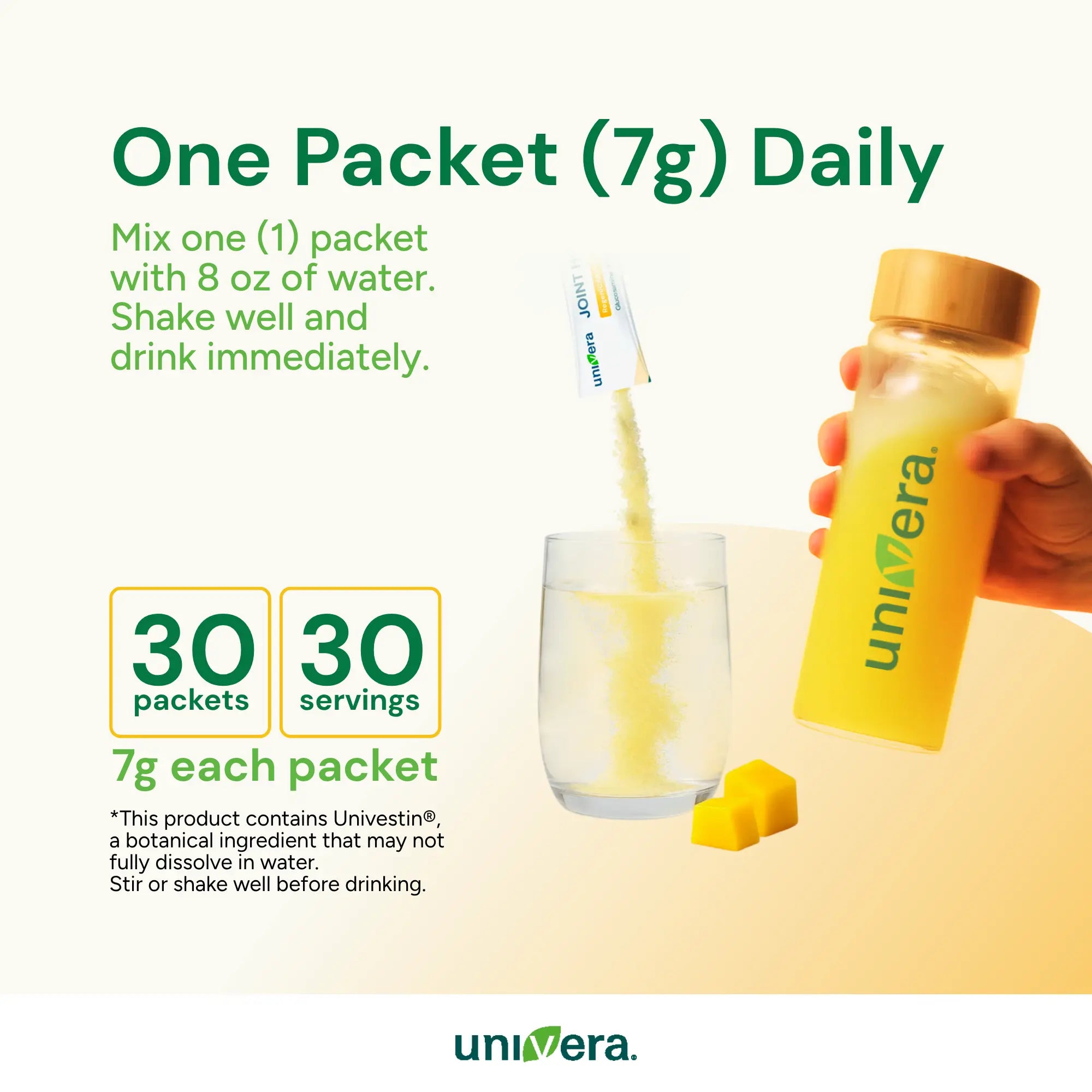 Univera product packaging with a glass of joint health regenicare and text on a white background