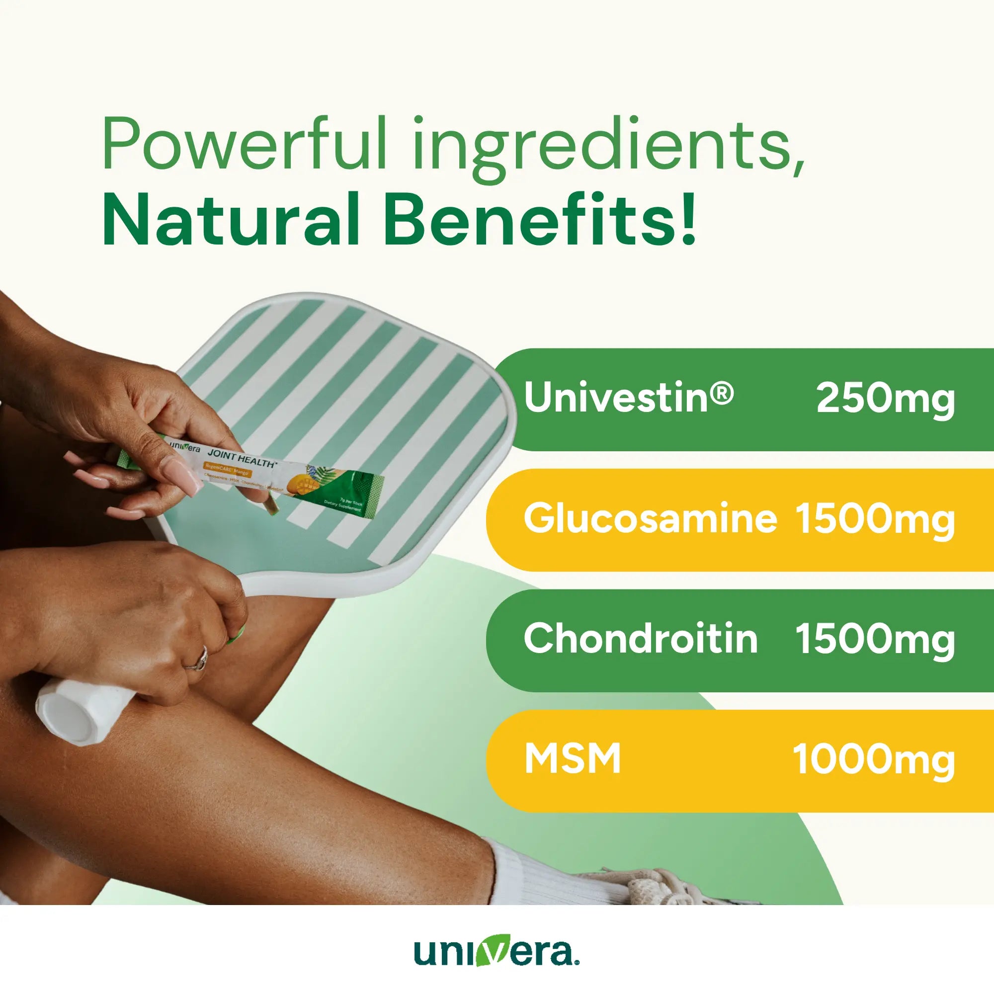 Advertisement for Univera supplements with a person showing joint health stick pack.
