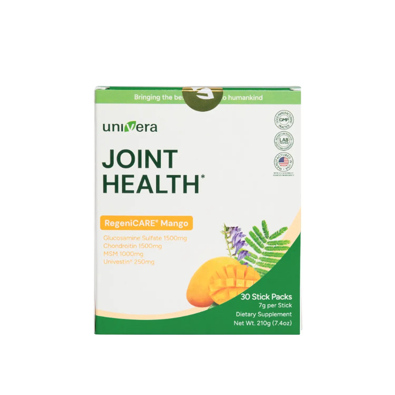 Box of UniVera Joint Health supplement with mango flavor on a white background