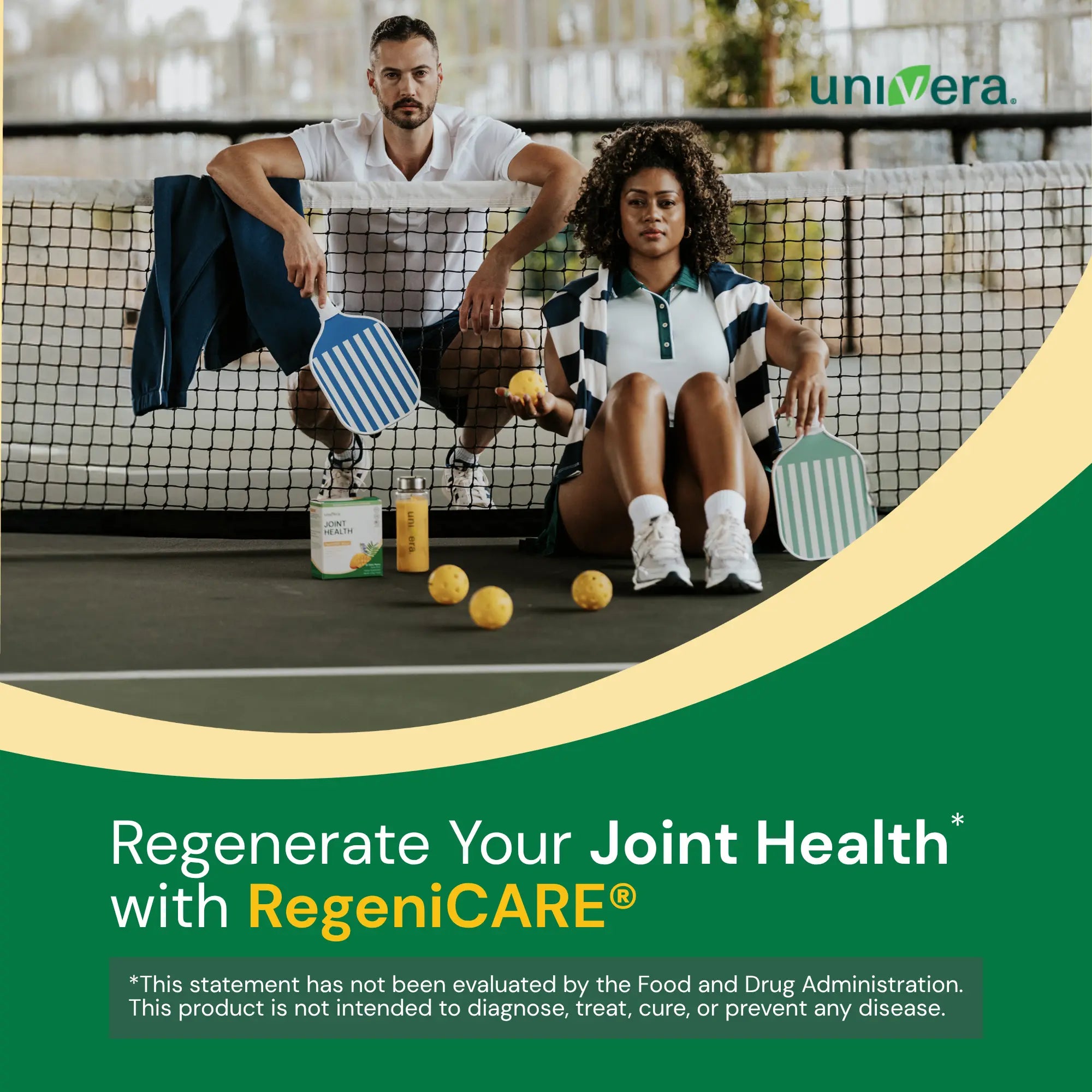 Two people sitting on a tennis court with pickleball equipment, promoting RegeniCARE for joint health.