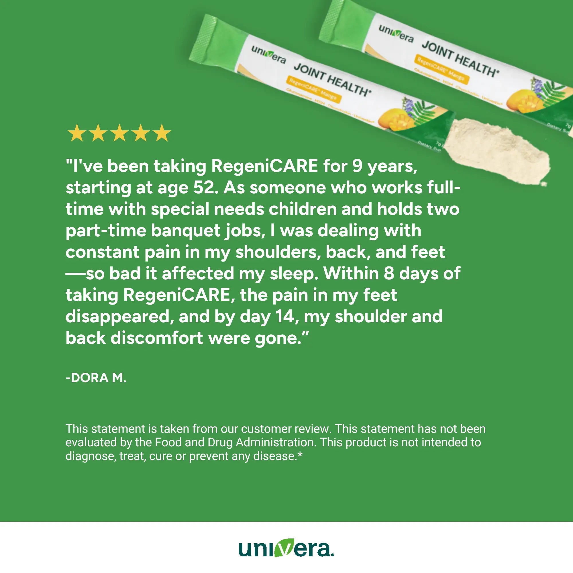 Product packaging with a customer testimonial of RegeniCARE on a green background