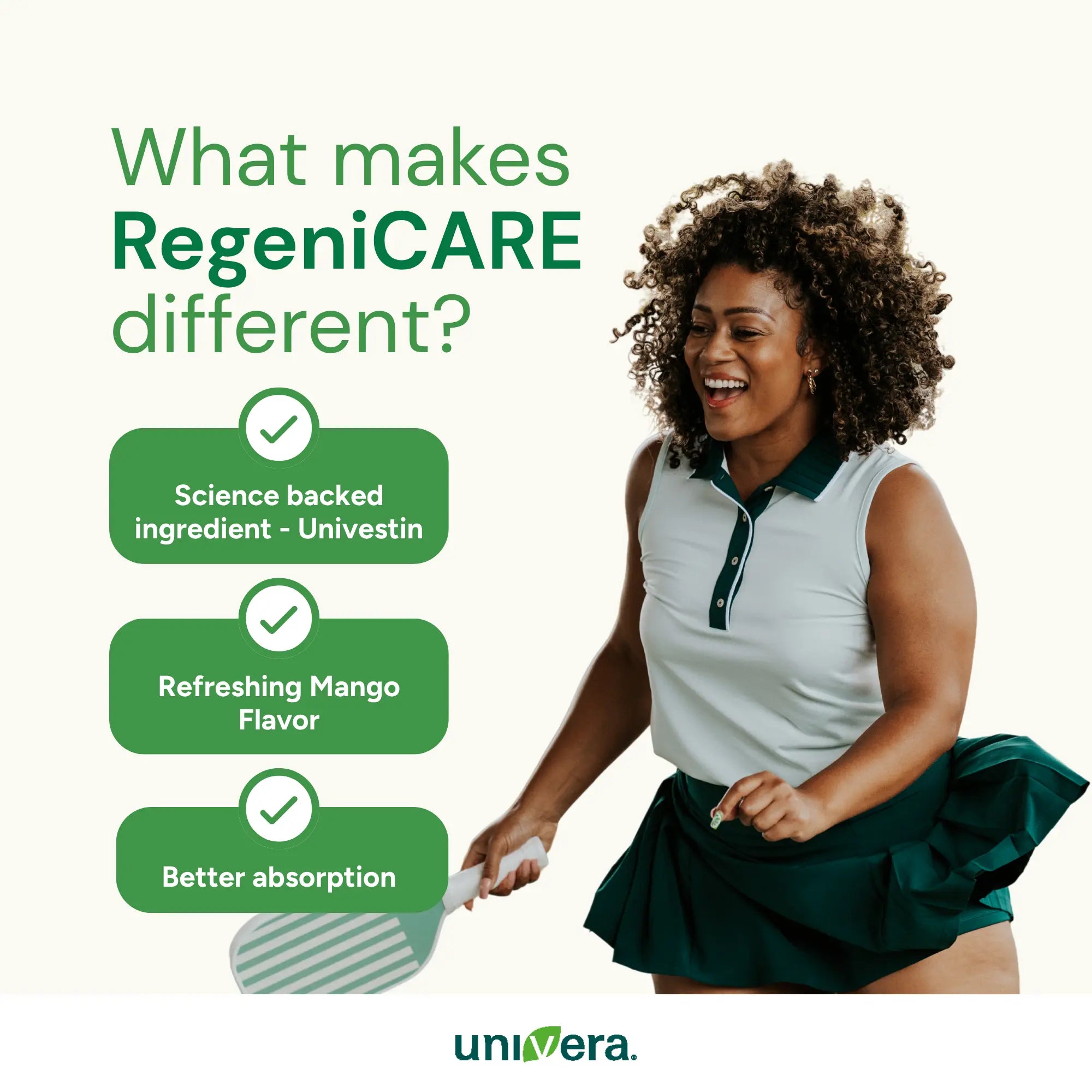 Woman holding a pickleball racket with RegeniCARE product features on a white background