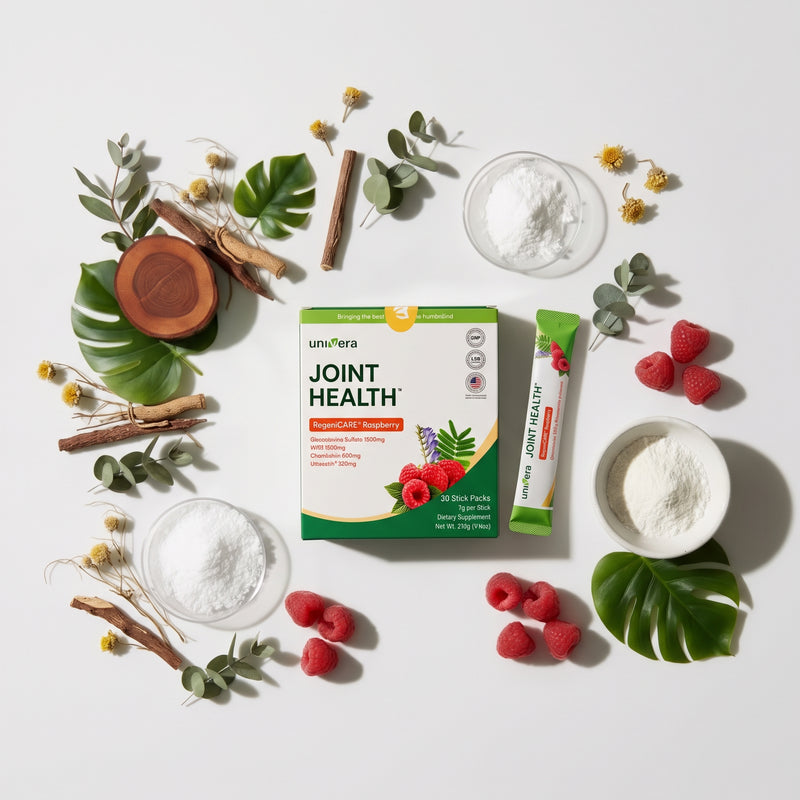 A flat-lay product shot of umiNera Joint Health dietary supplement, featuring a green and white box, a single stick pack, and surrounding natural ingredients like raspberries, cinnamon, eucalyptus, and monstera leaves on a white background.