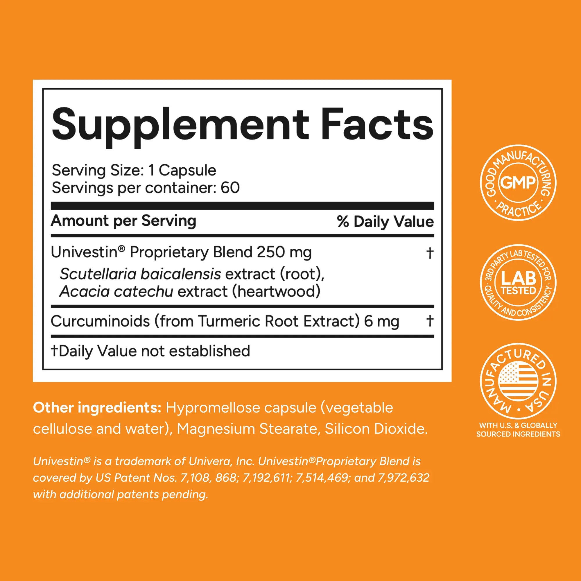 Supplement facts label with product details on an orange background