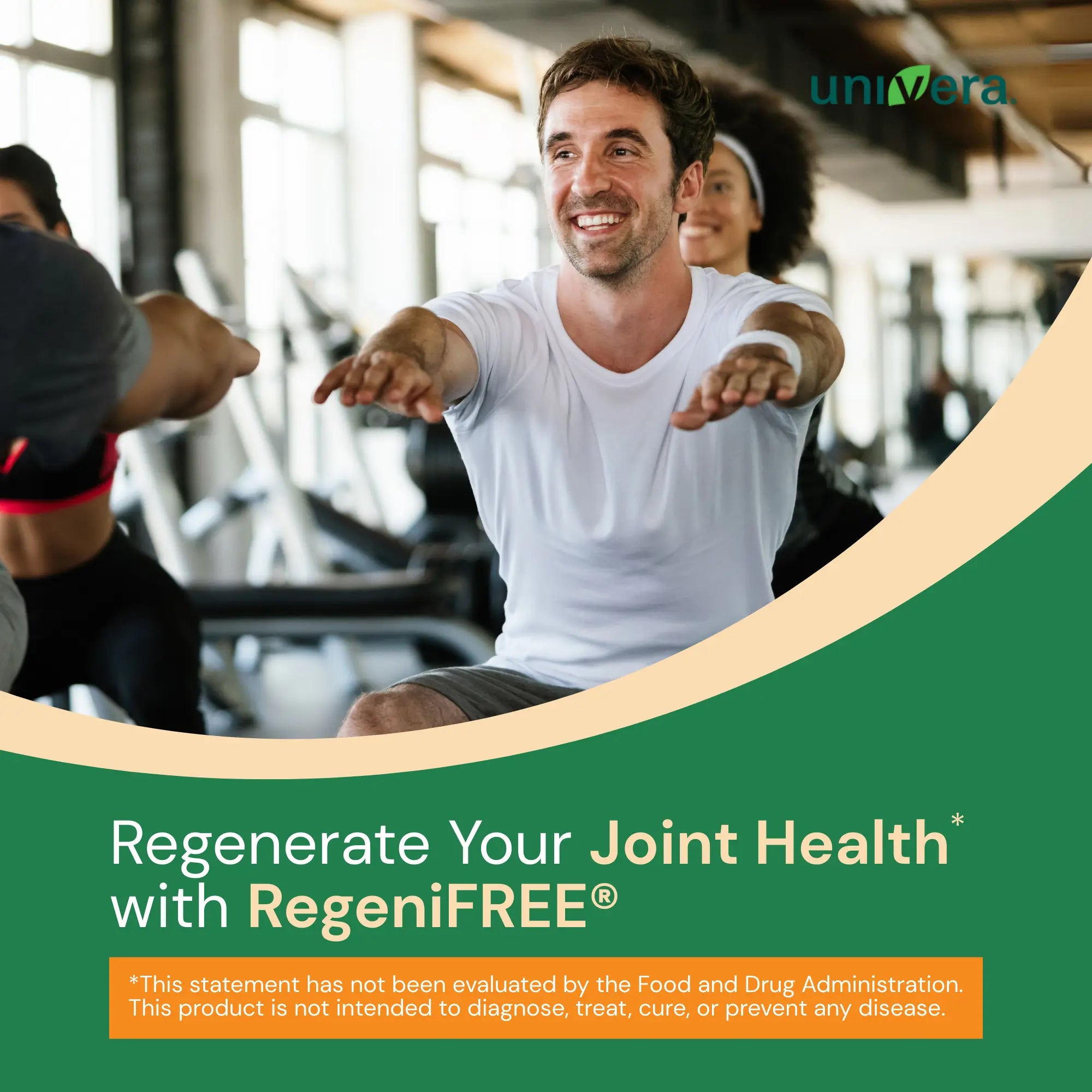 Man exercising with gym equipment in the background, promoting RegeniFREE for joint health.