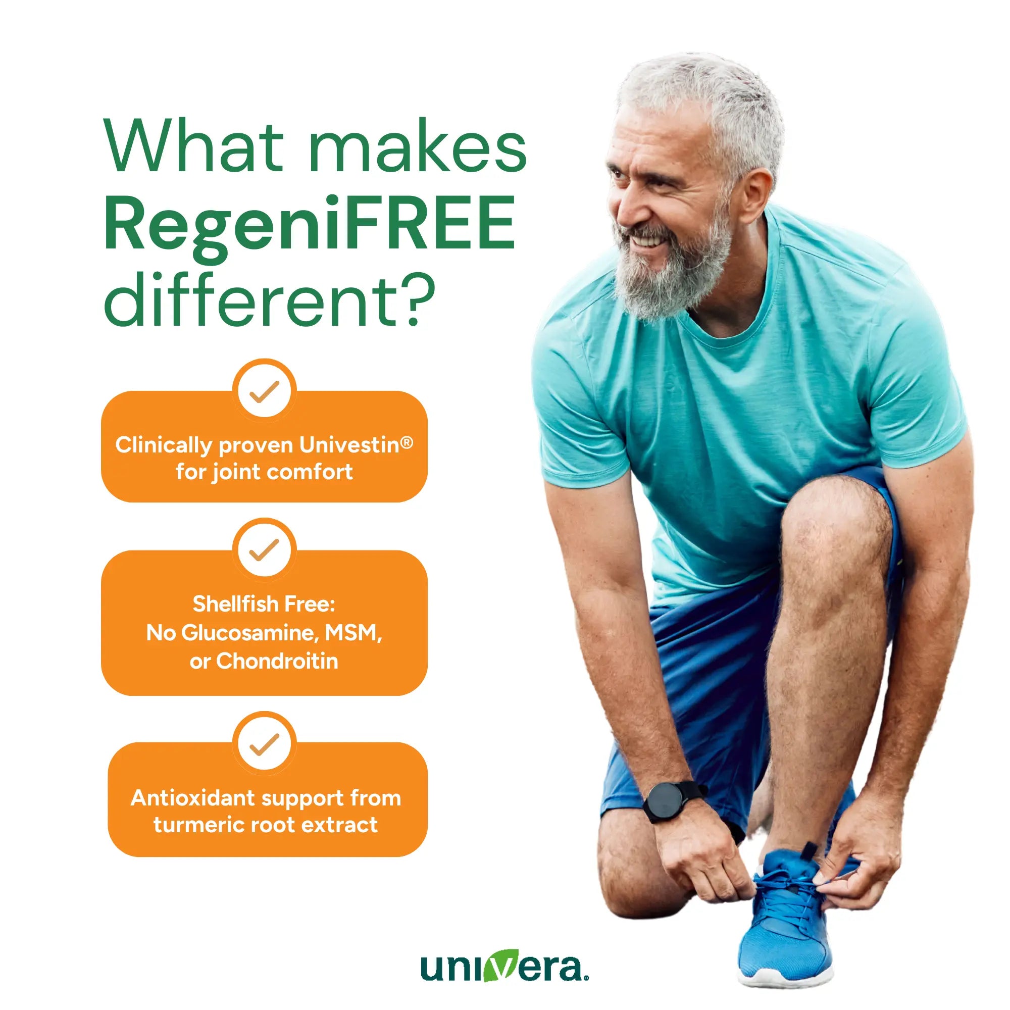 Man tying his shoes for exercise with text about RegeniFREE selling points and Univera on a white background
