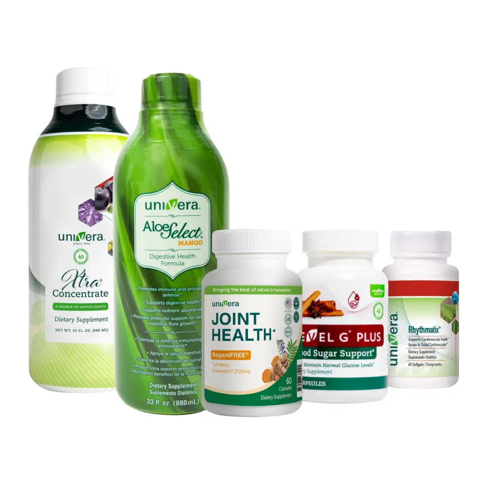 Collection of Univera health products including Aloe Concentrate, Aloe Select, Joint Health, and others on a white background.