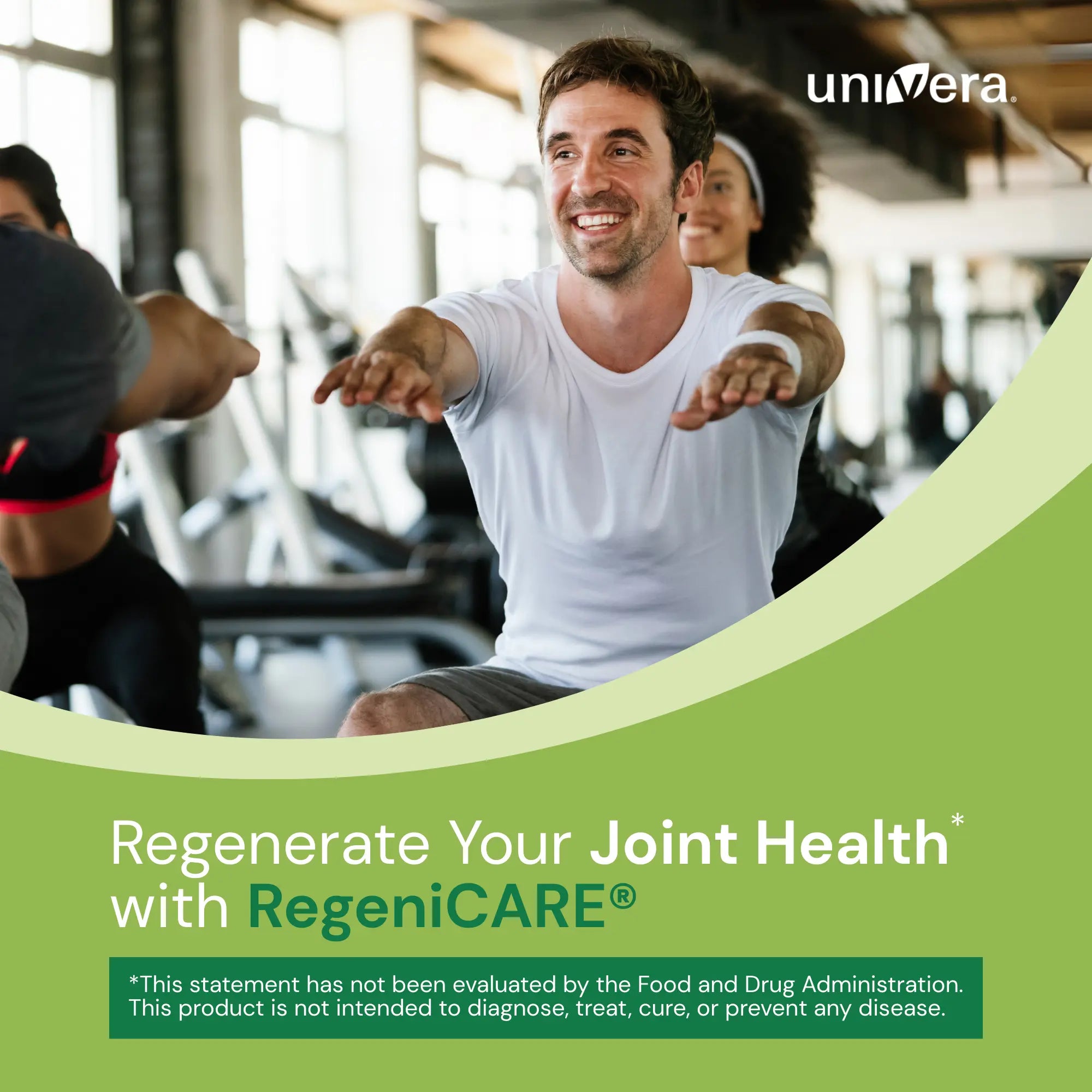 Man exercising with gym equipment in the background, promoting RegeniCARE joint health product.
