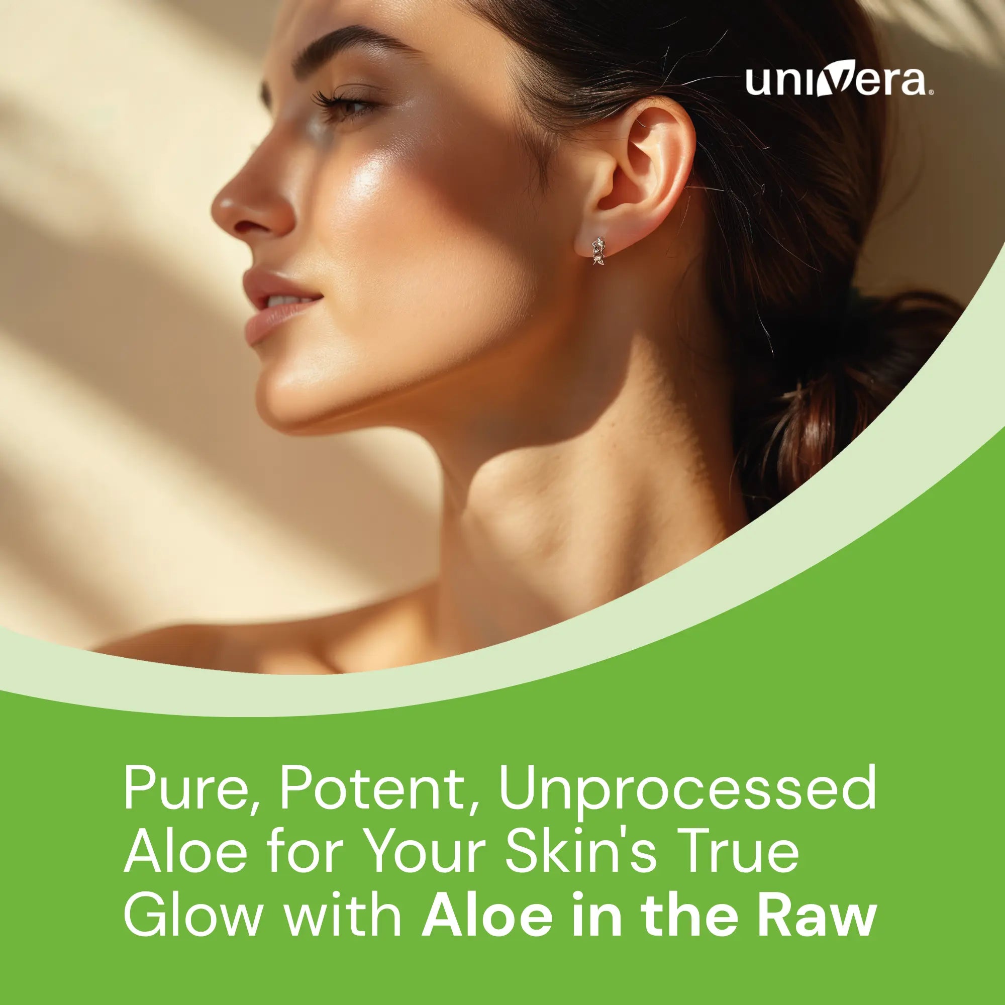 Woman with aloe vera product and Univera branding on a beige background