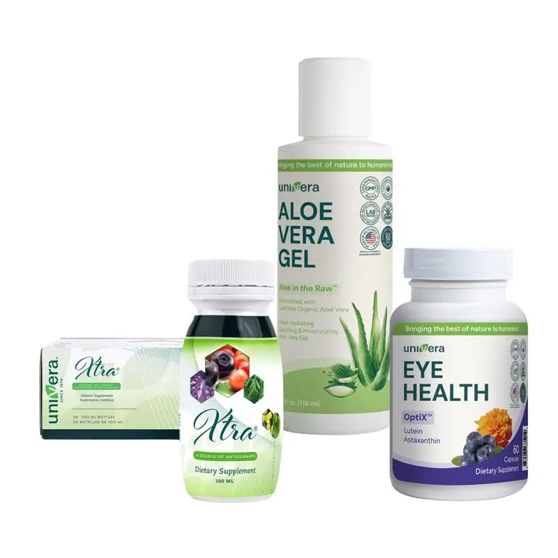 univera product set with aloe in the raw, xtra mini and super immune