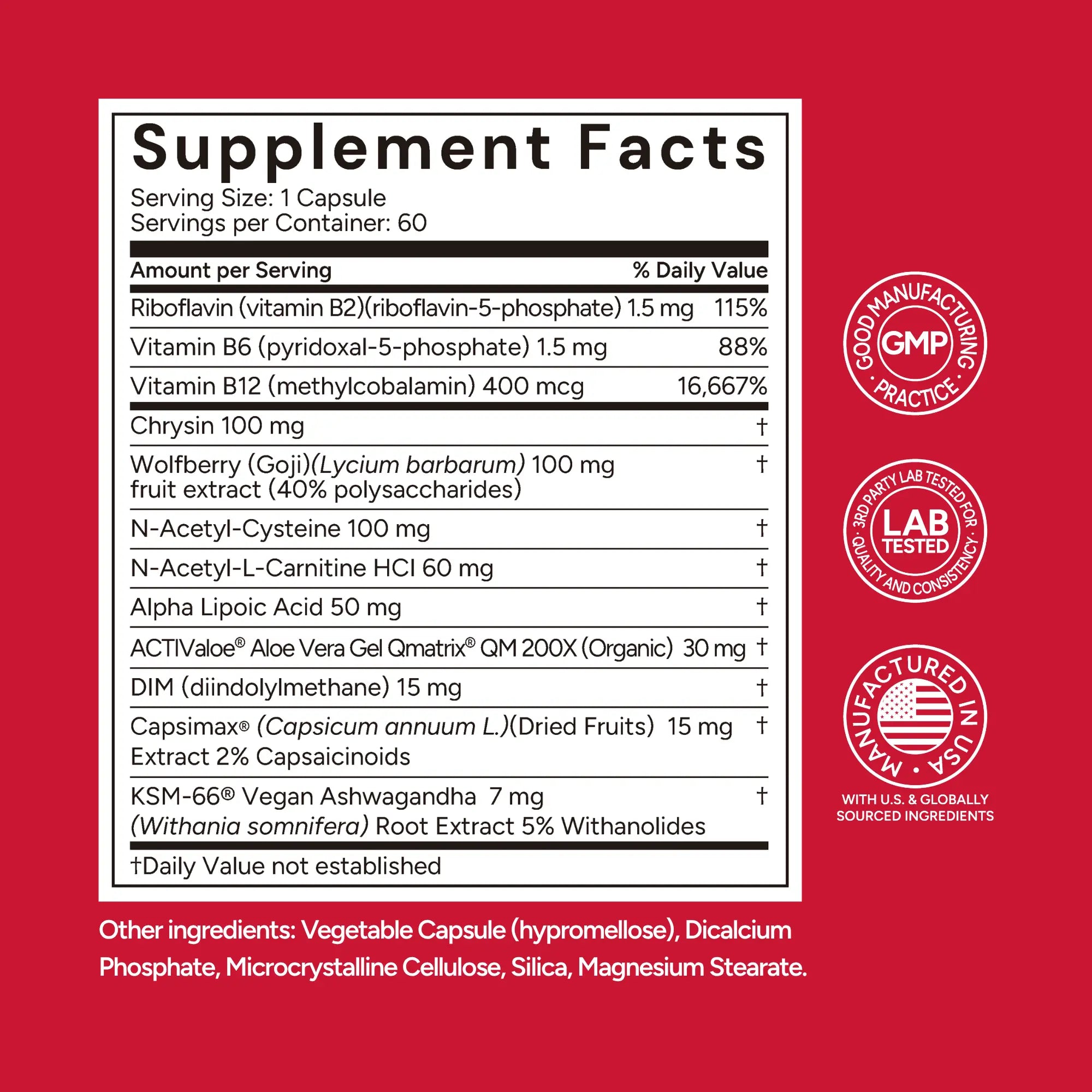 Supplement facts label with various vitamins and minerals on a red background