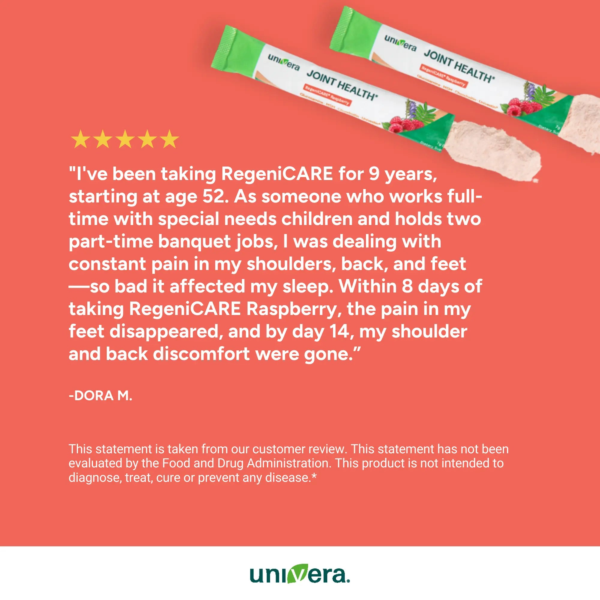 Two packages of Univera Joint Health on a red background with a customer testimonial.