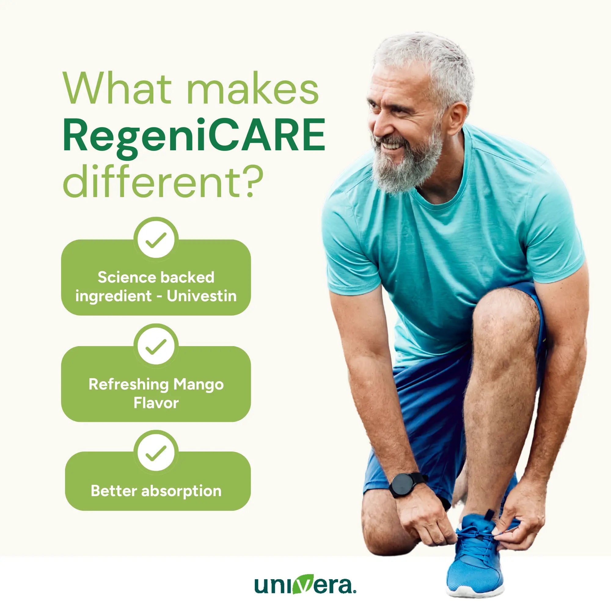 Man tying his shoes with RegeniCARE product features on a white background
