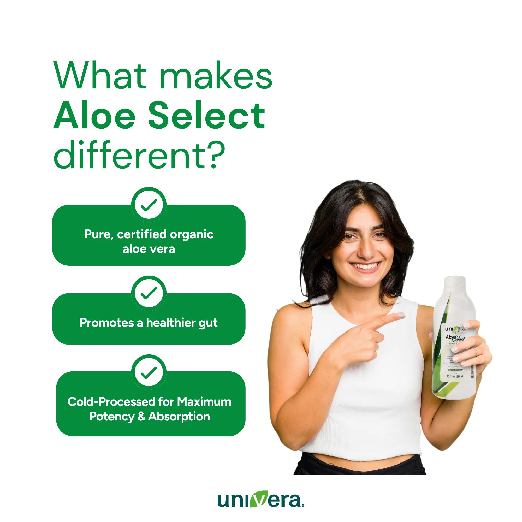 Woman holding a bottle of Aloe Select with promotional text on a white background