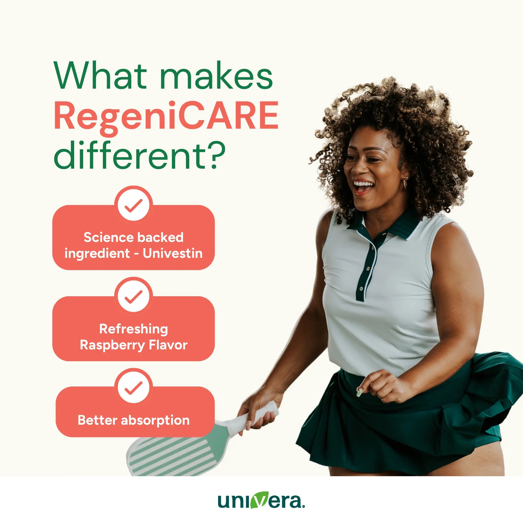 Woman holding a tennis racket with RegeniCARE product features displayed on a white background