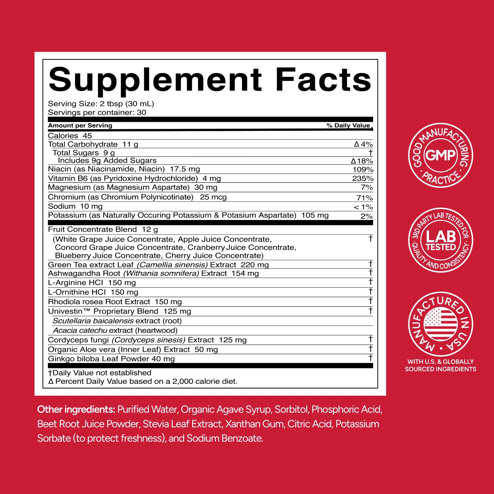 Supplement facts label with nutritional information on a red background