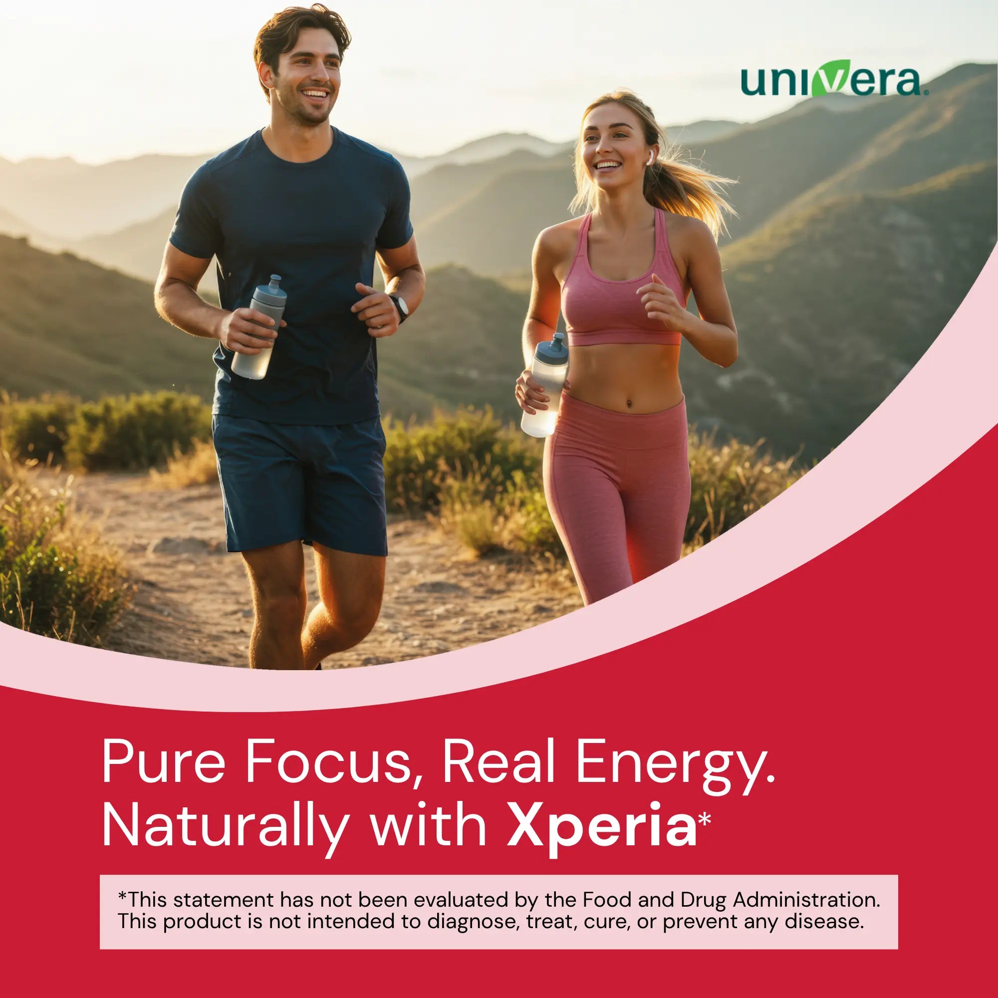 Two people running outdoors with a mountainous background, featuring the Univera brand.